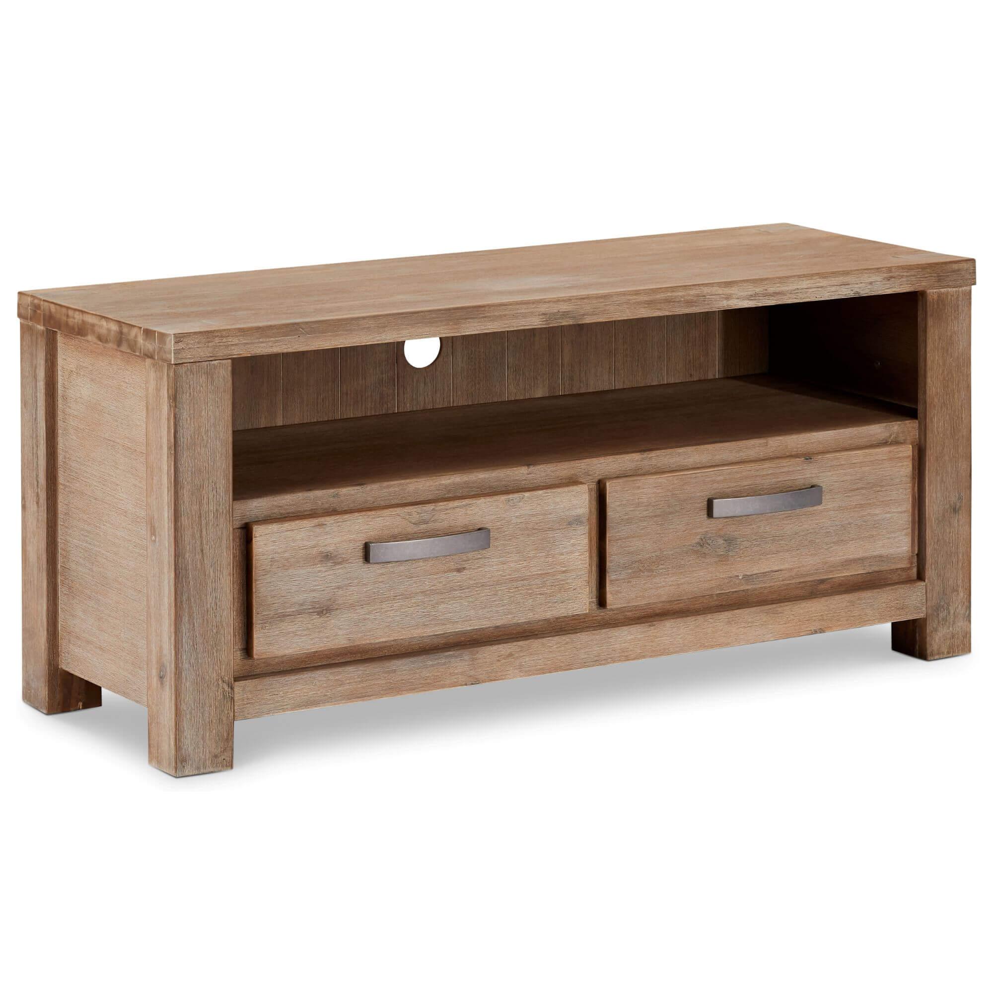 Alaska TV Table made of solid acacia wood featuring two drawers for storage, showcasing its elegant design and natural wood finish.