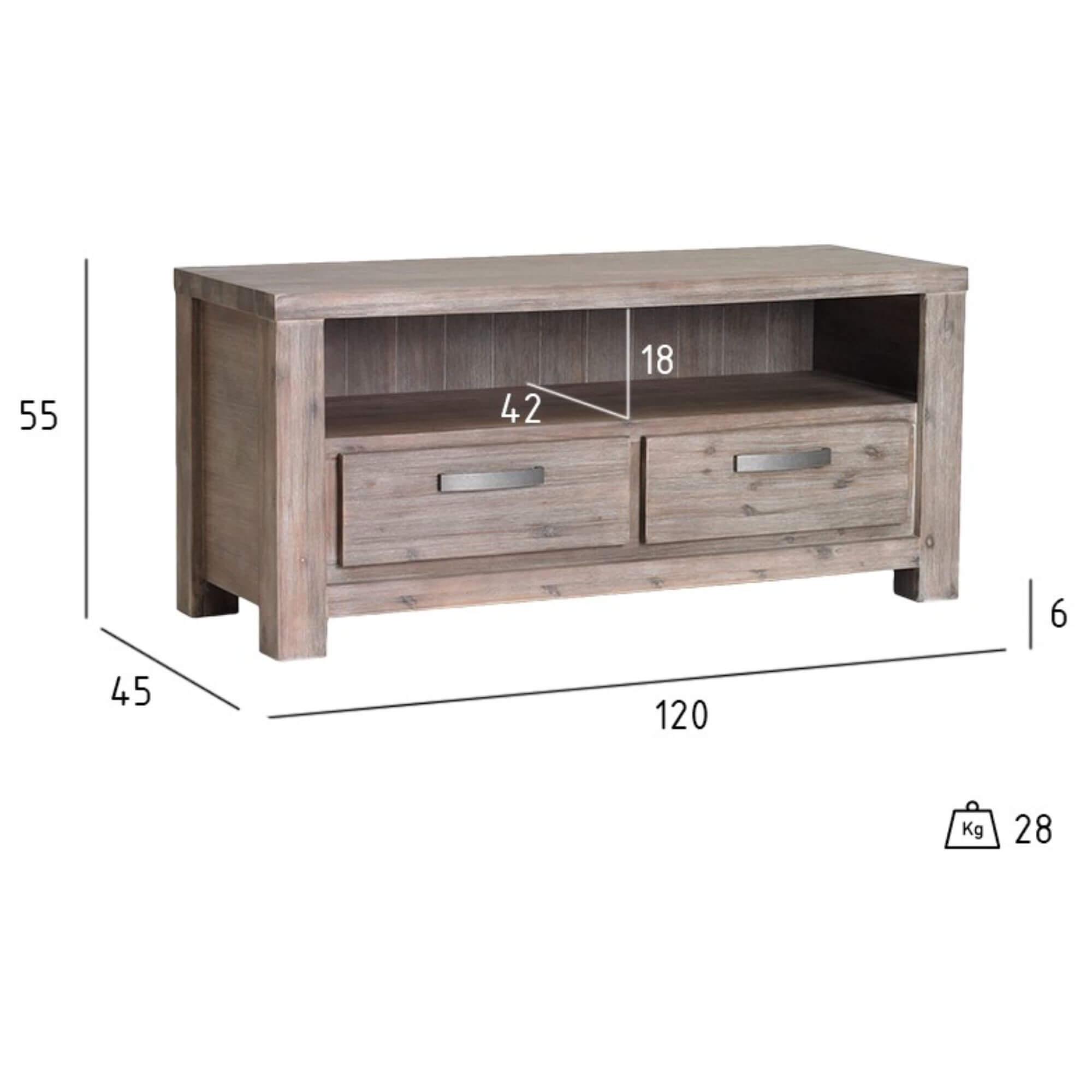 Alaska TV Table made of solid acacia wood featuring two drawers for storage, showcasing its elegant design and natural wood finish.