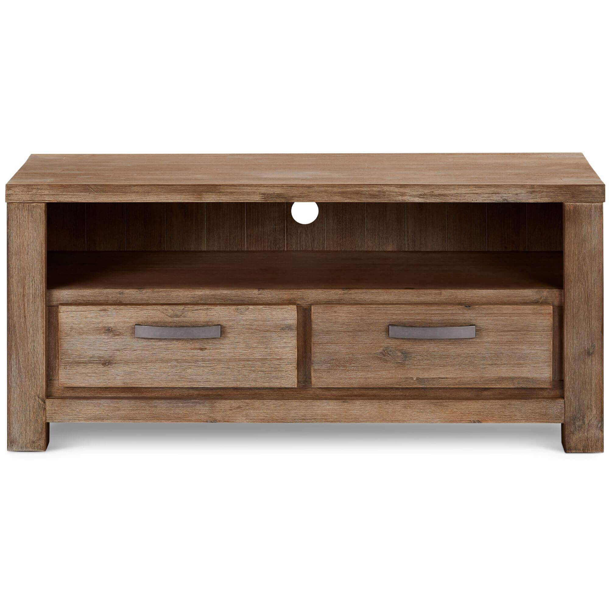 Alaska TV Table made of solid acacia wood featuring two drawers for storage, showcasing its elegant design and natural wood finish.