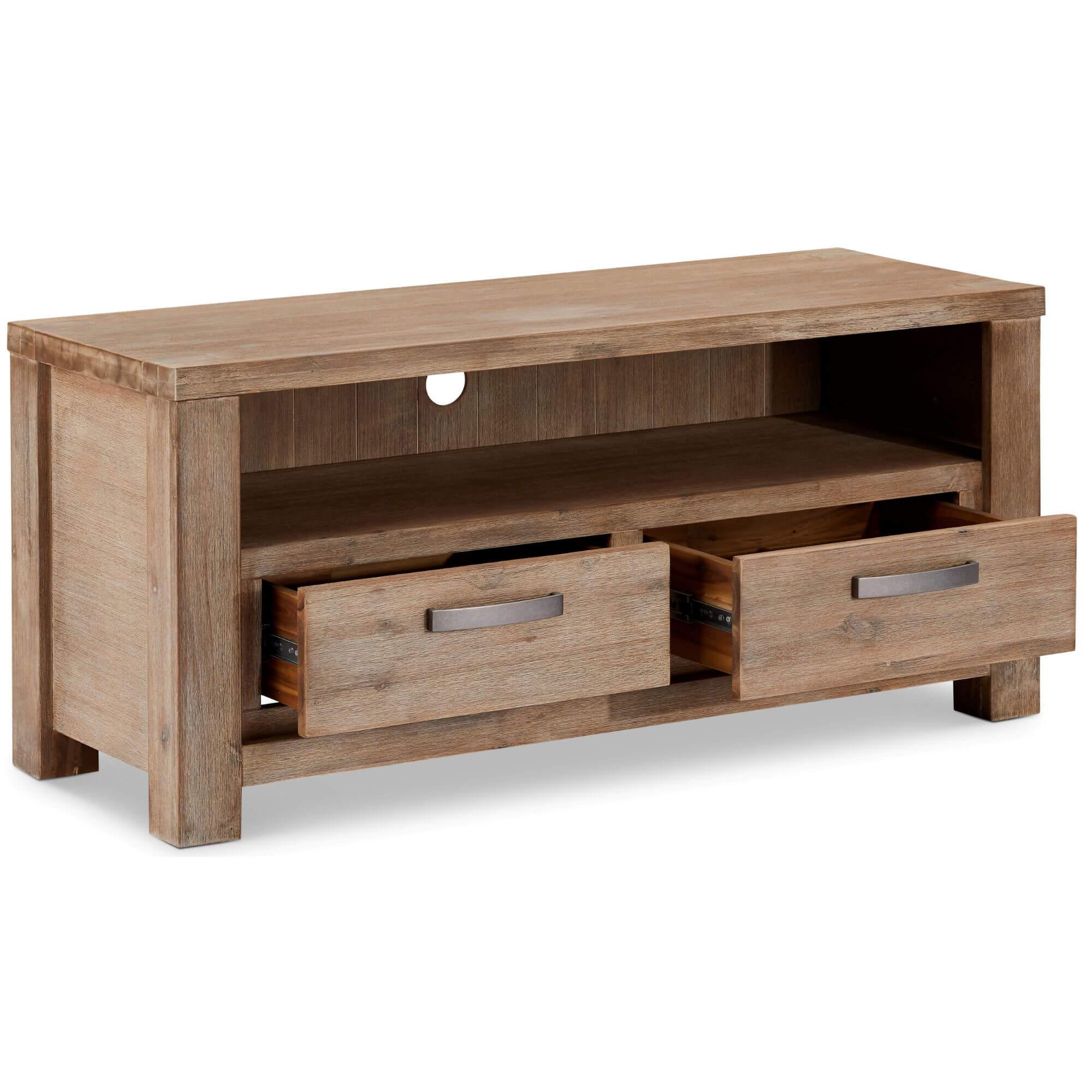 Alaska TV Table made of solid acacia wood featuring two drawers for storage, showcasing its elegant design and natural wood finish.