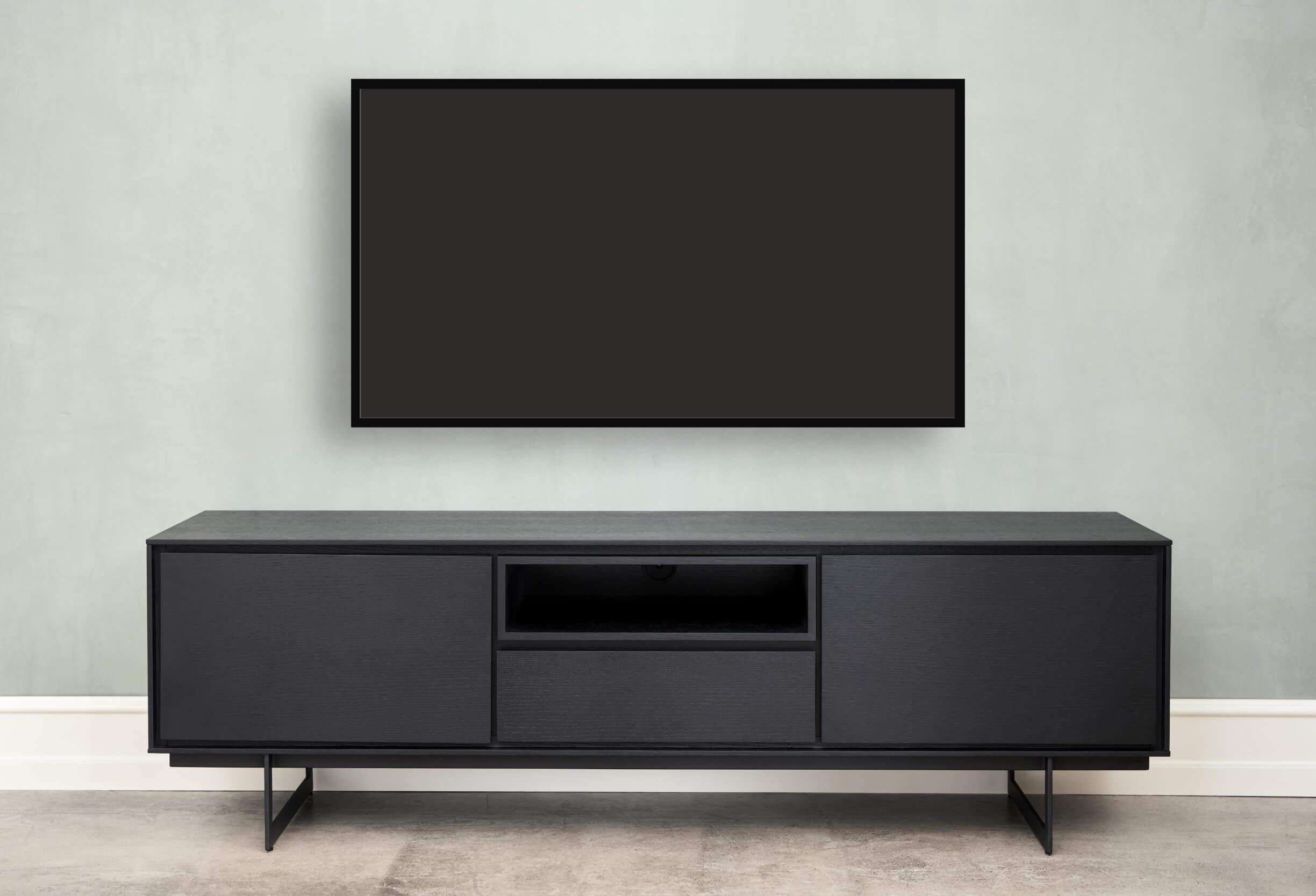 Tokyo Black Oak TV Table featuring minimalist design and elegant black oak veneer.