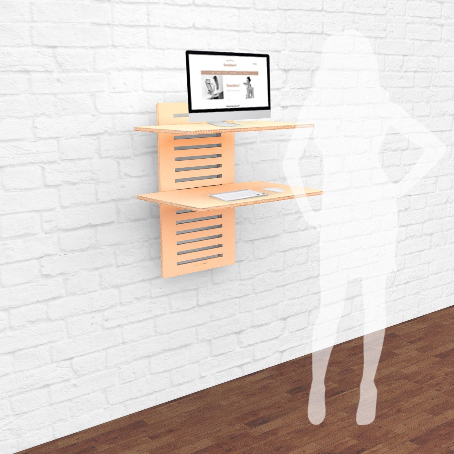 WallStand adjustable wall-mounted standing desk with two shelves, showcasing a sleek design and premium Baltic Birch plywood material.