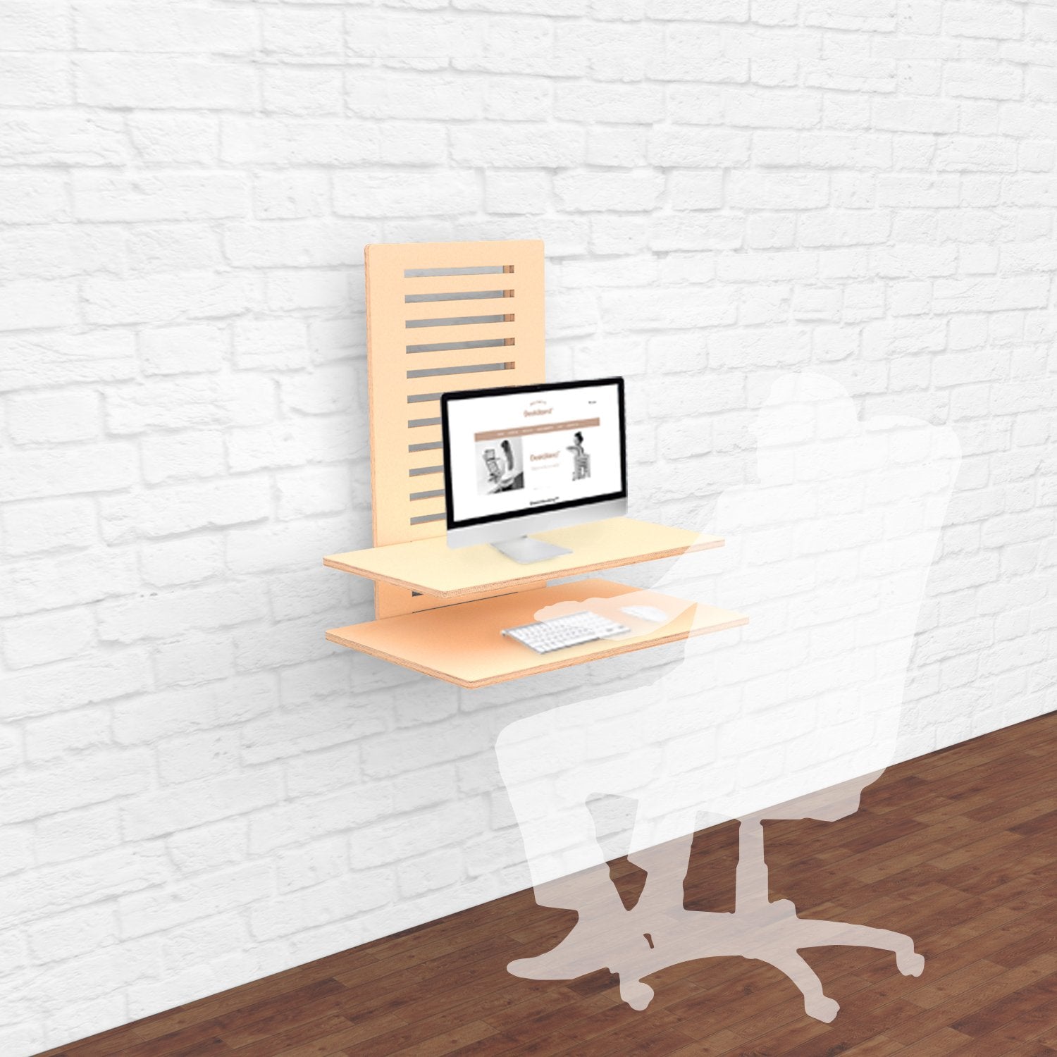 WallStand adjustable wall-mounted standing desk with two shelves, showcasing a sleek design and premium Baltic Birch plywood material.