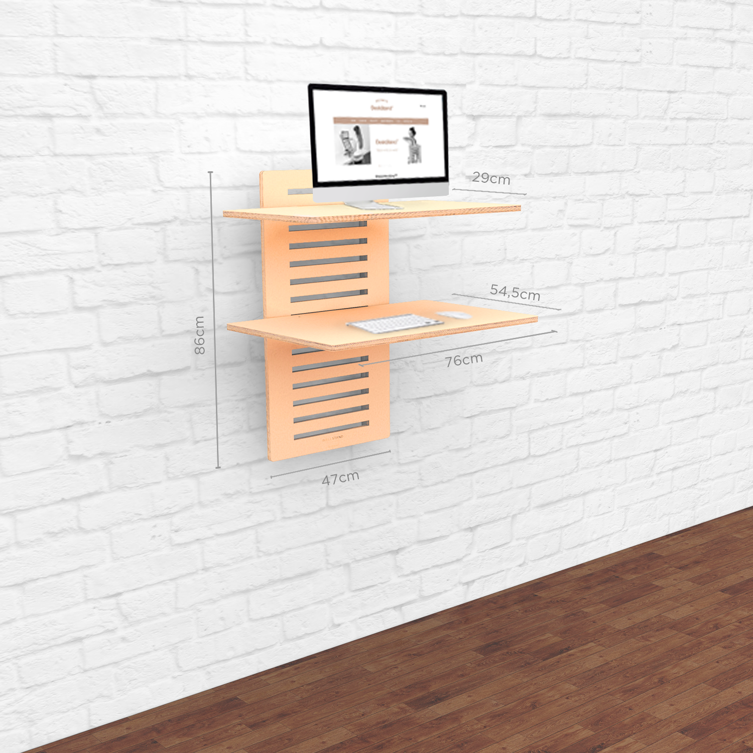 WallStand adjustable wall-mounted standing desk with two shelves, showcasing a sleek design and premium Baltic Birch plywood material.