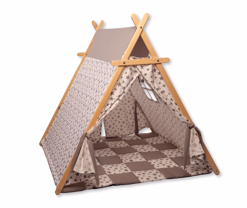 White Stars Play Tent with wooden poles and non-slip mat, featuring star lights for a cozy play area.