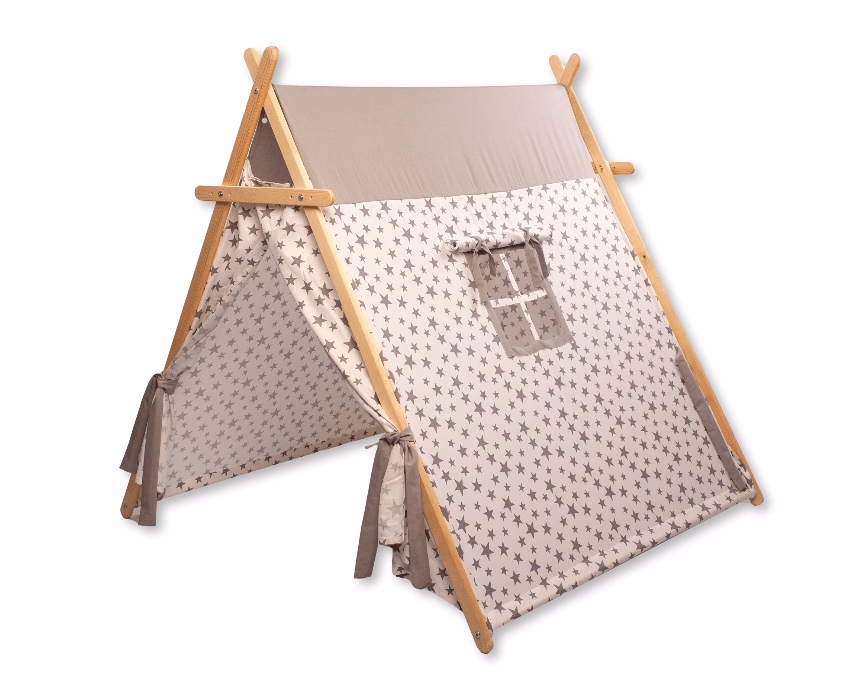 White Stars Play Tent with wooden poles and non-slip mat, featuring star lights for a cozy play area.