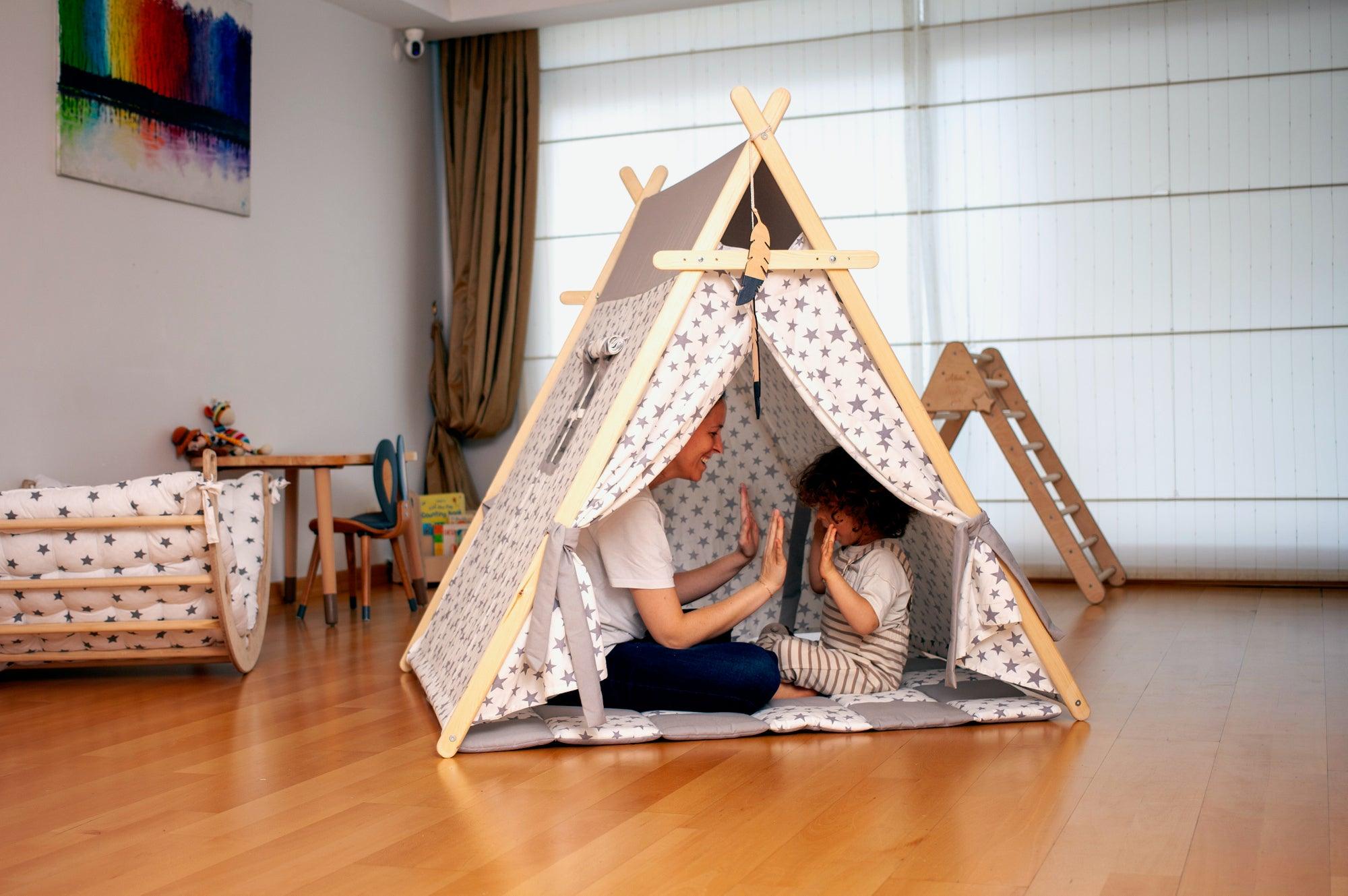 White Stars Play Tent with wooden poles and non-slip mat, featuring star lights for a cozy play area.