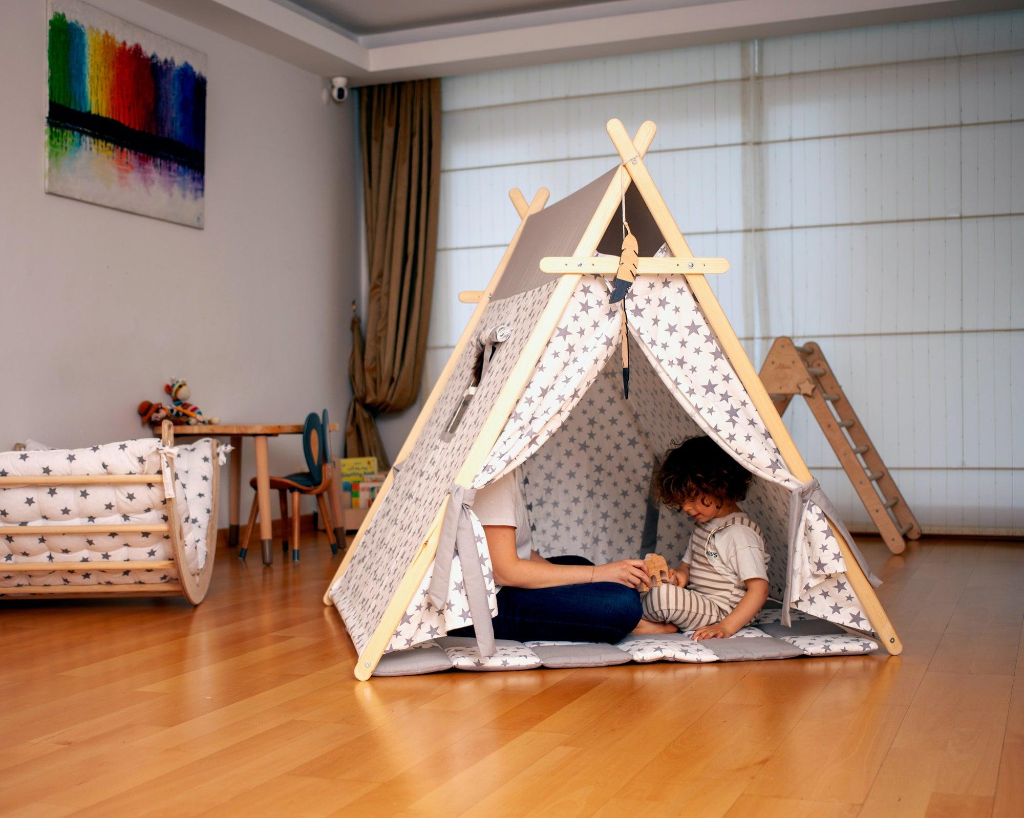 White Stars Play Tent with wooden poles and non-slip mat, featuring star lights for a cozy play area.