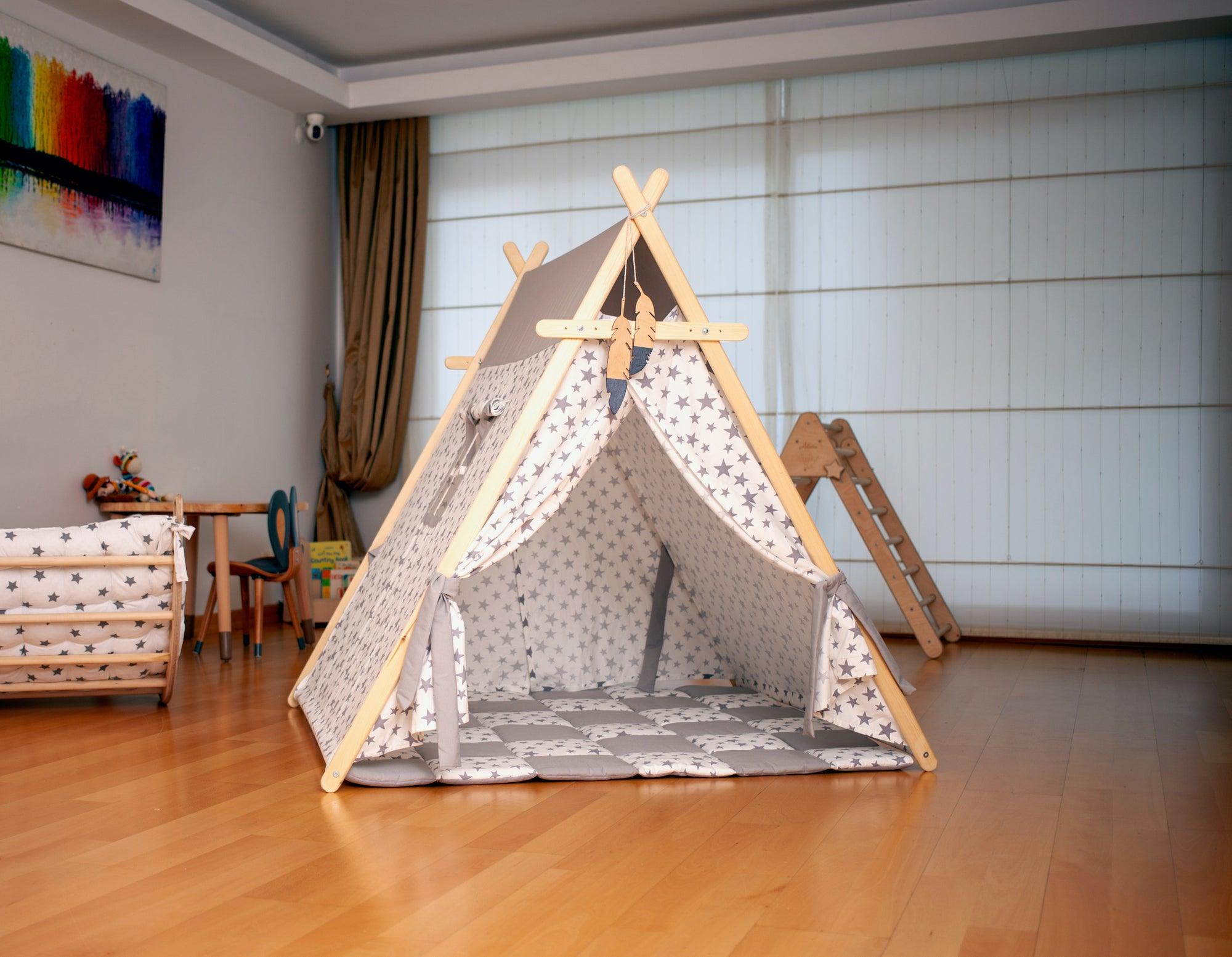 White Stars Play Tent with wooden poles and non-slip mat, featuring star lights for a cozy play area.