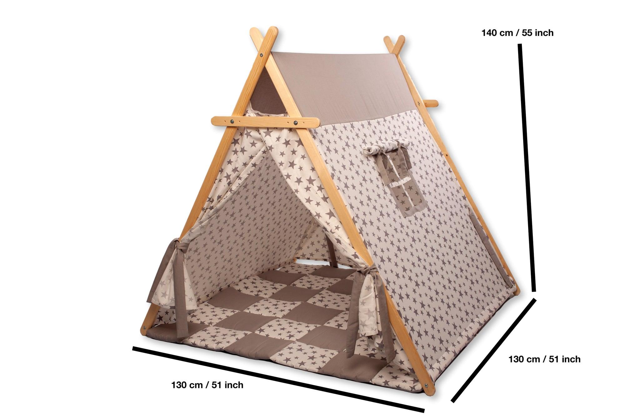 White Stars Play Tent with wooden poles and non-slip mat, featuring star lights for a cozy play area.