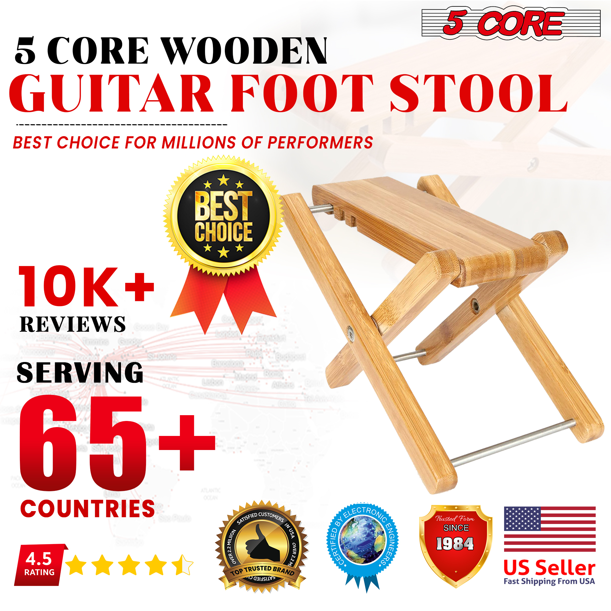 Wood Guitar Footstool with adjustable height settings, made from solid wood, designed for comfort and stability during guitar performances.