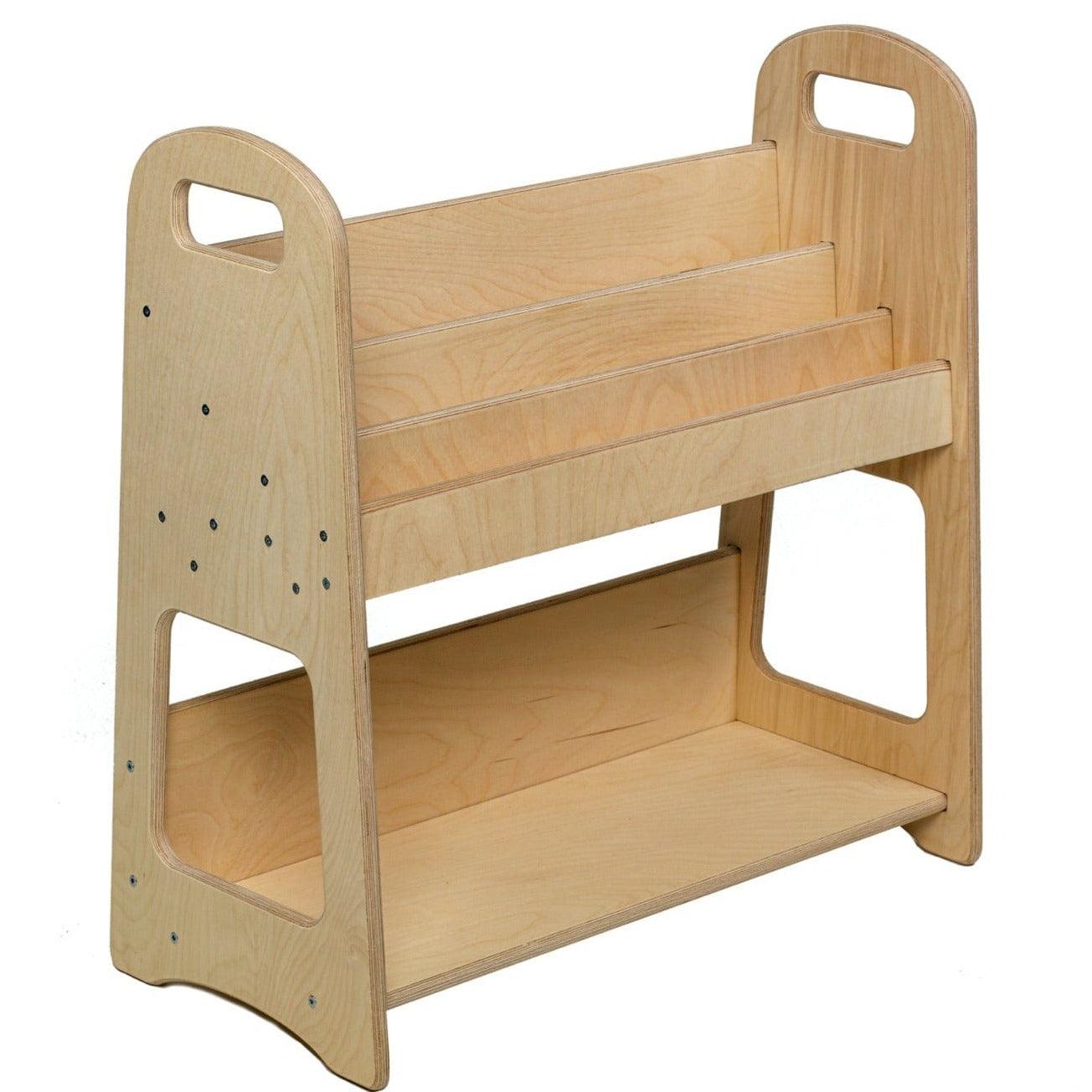 A large wooden bookshelf designed for children's rooms, featuring adjustable shelves and a natural wood finish, ideal for Montessori-style storage.