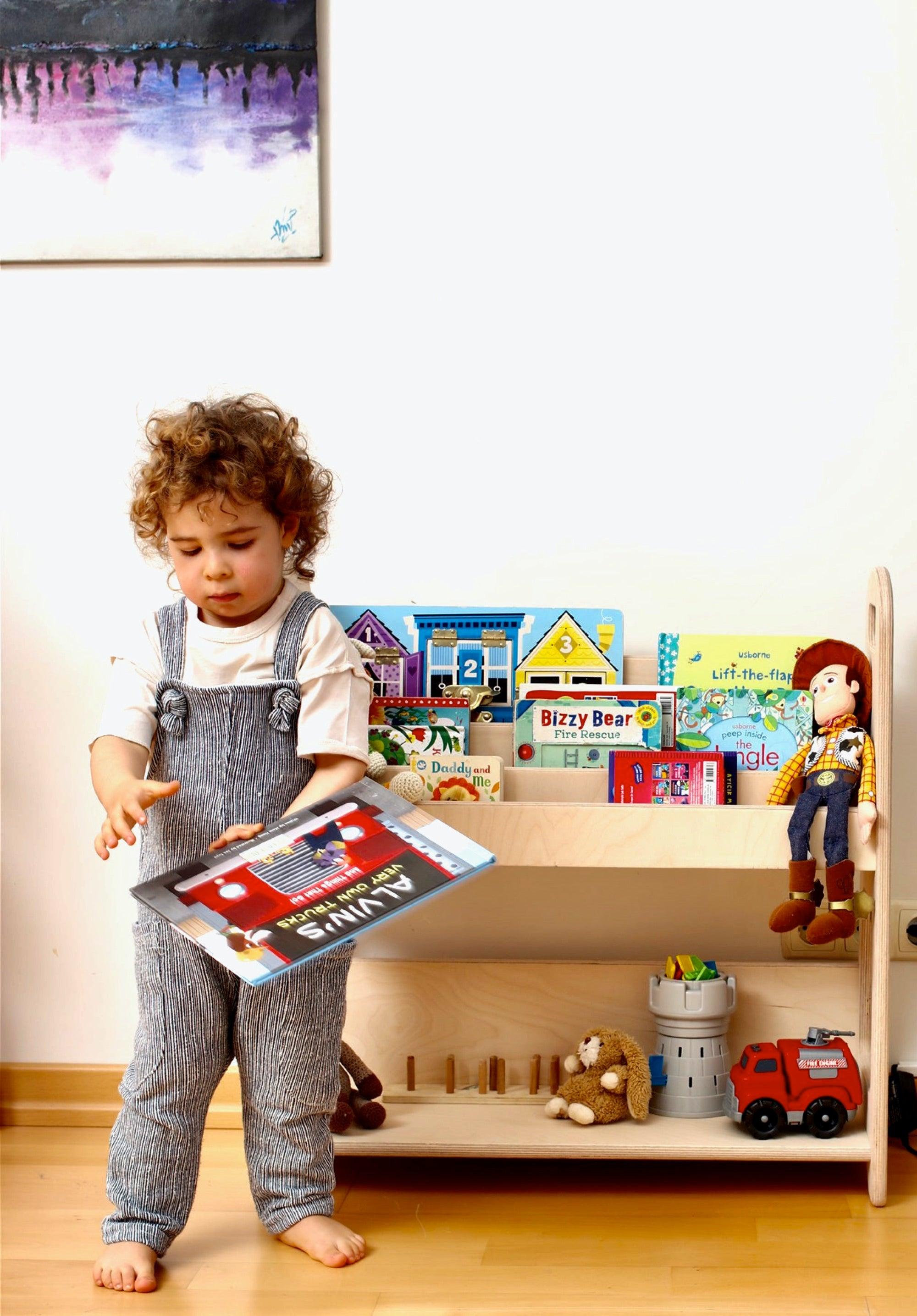 A large wooden bookshelf designed for children's rooms, featuring adjustable shelves and a natural wood finish, ideal for Montessori-style storage.