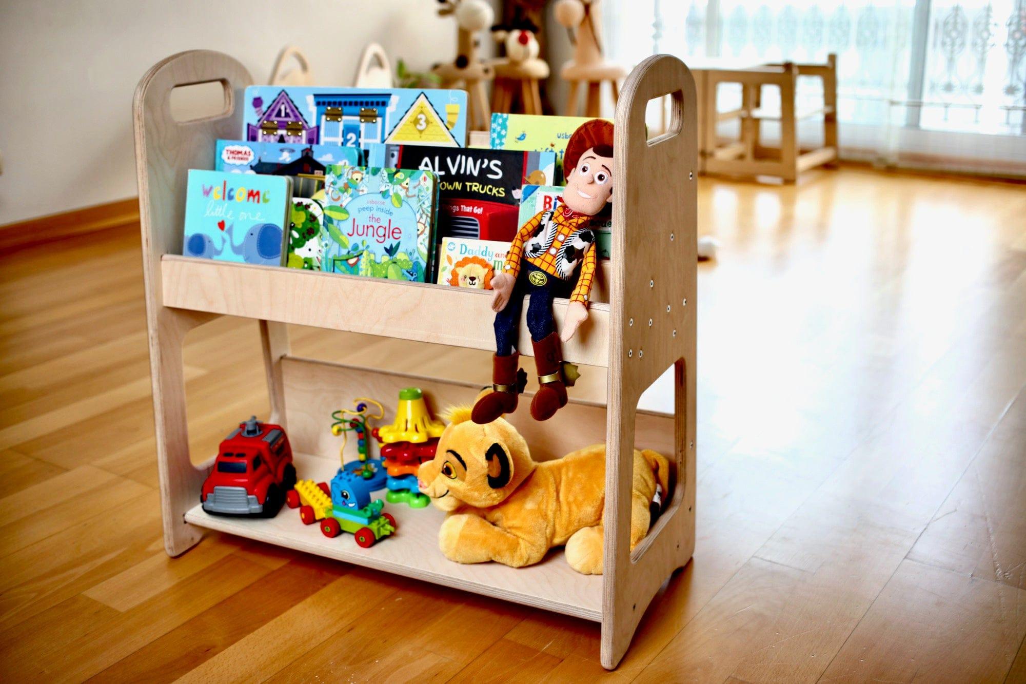 A large wooden bookshelf designed for children's rooms, featuring adjustable shelves and a natural wood finish, ideal for Montessori-style storage.