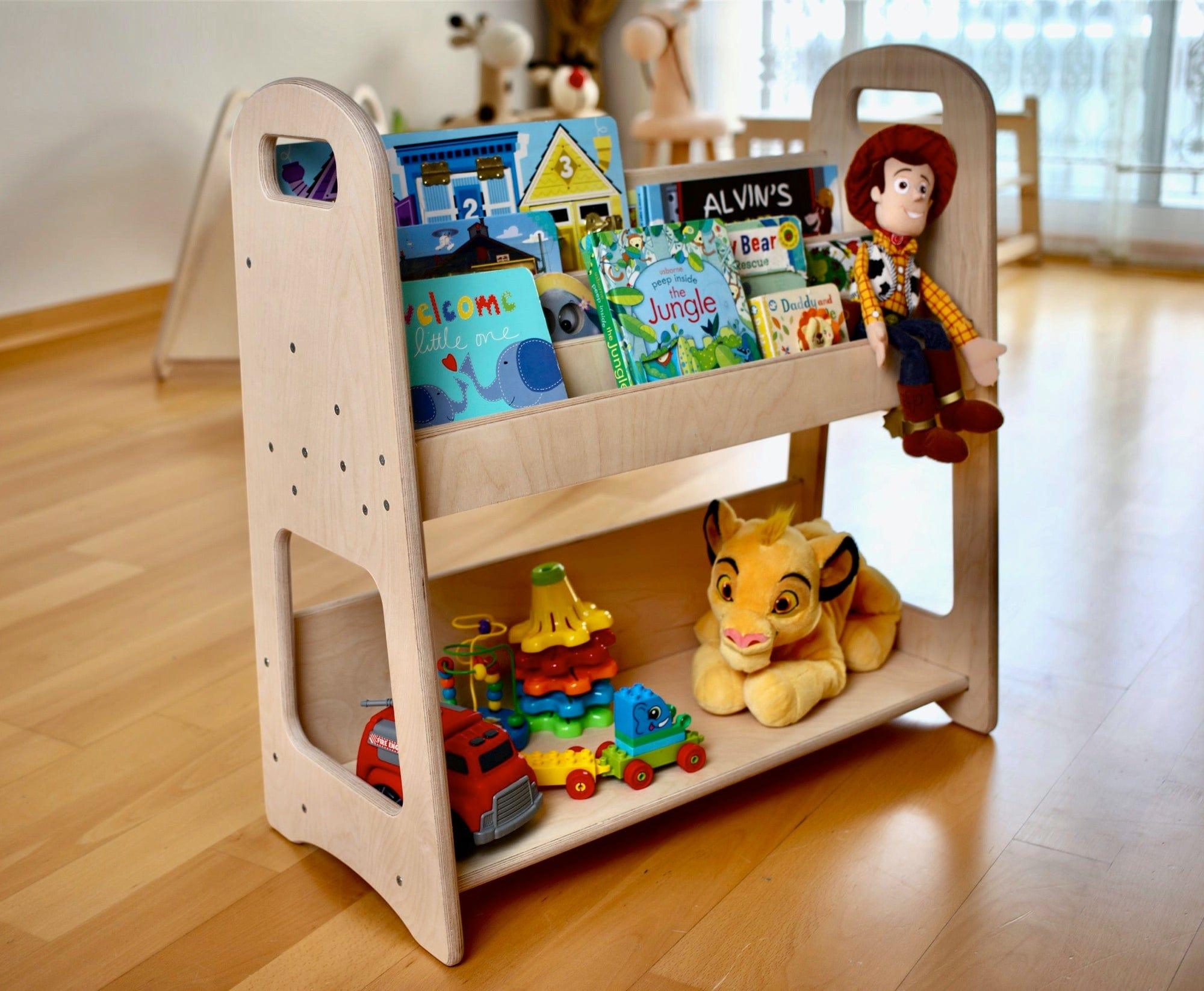 A large wooden bookshelf designed for children's rooms, featuring adjustable shelves and a natural wood finish, ideal for Montessori-style storage.