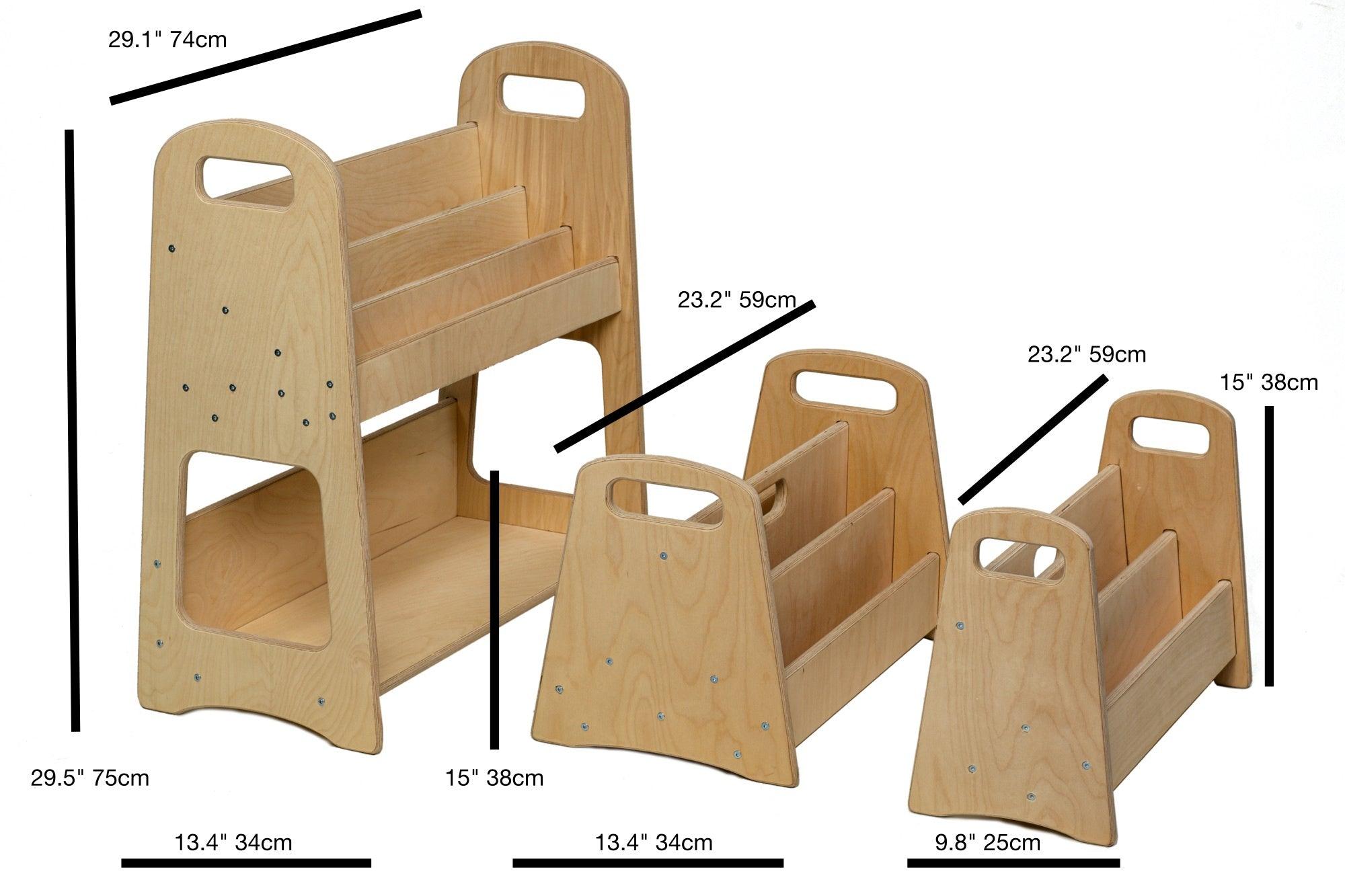 A colorful wooden bookshelf designed for children, featuring multiple shelves at a lower height for easy access to books.