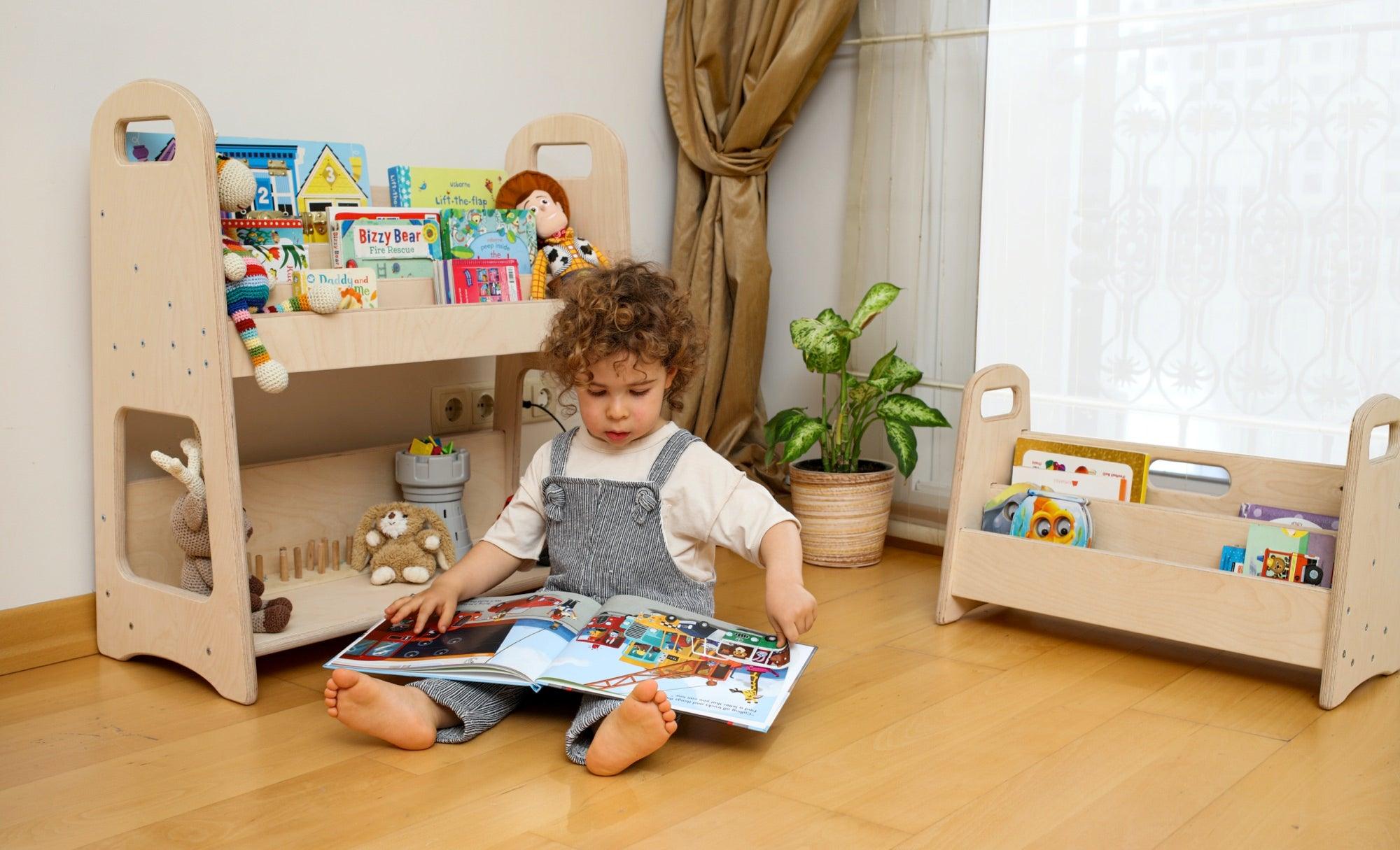 A colorful wooden bookshelf designed for children, featuring multiple shelves at a lower height for easy access to books.