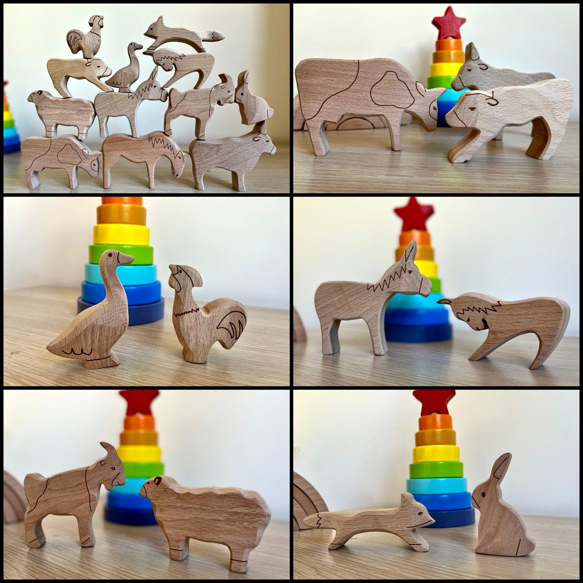 A colorful Wooden Farm Animals Set featuring intricately designed figures of cows, horses, pigs, ducks, and chickens, perfect for children's imaginative play.