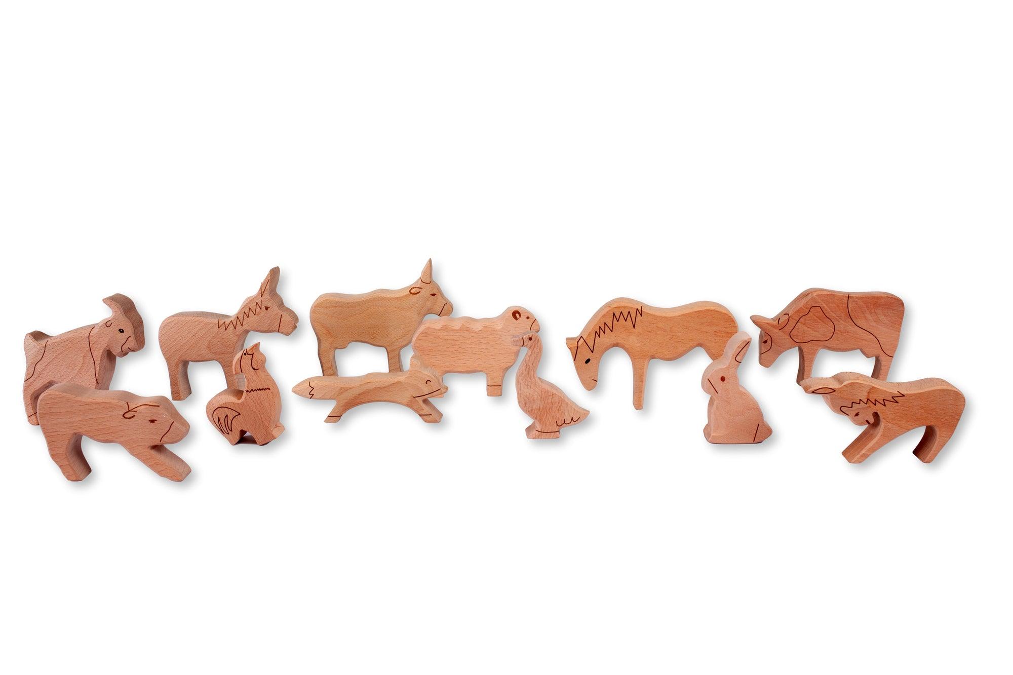 A colorful Wooden Farm Animals Set featuring intricately designed figures of cows, horses, pigs, ducks, and chickens, perfect for children's imaginative play.