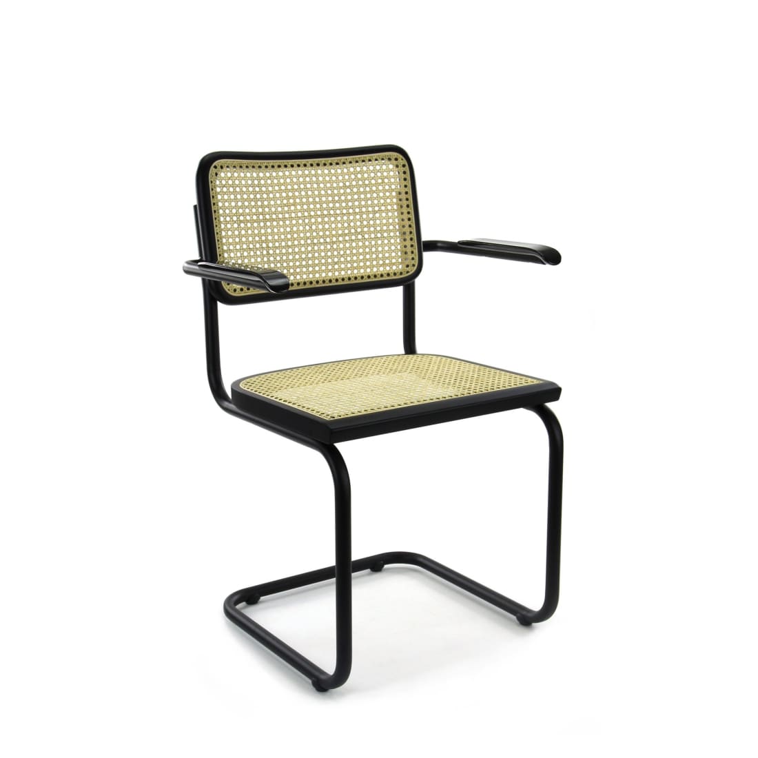 Workliving Bas Eetkamerstoel featuring a sleek black rattan design with armrests, perfect for dining rooms.