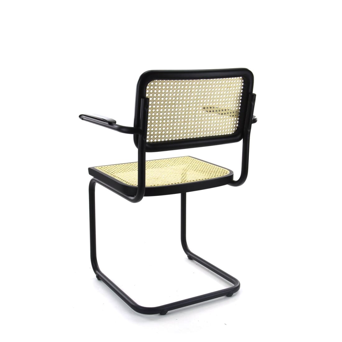 Workliving Bas Eetkamerstoel featuring a sleek black rattan design with armrests, perfect for dining rooms.