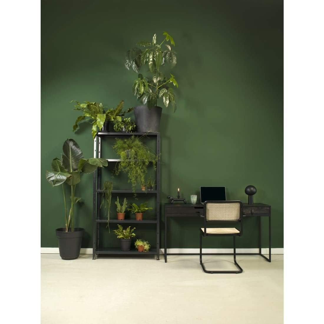 Workliving Bas Eetkamerstoel featuring a sleek black rattan design with armrests, perfect for dining rooms.