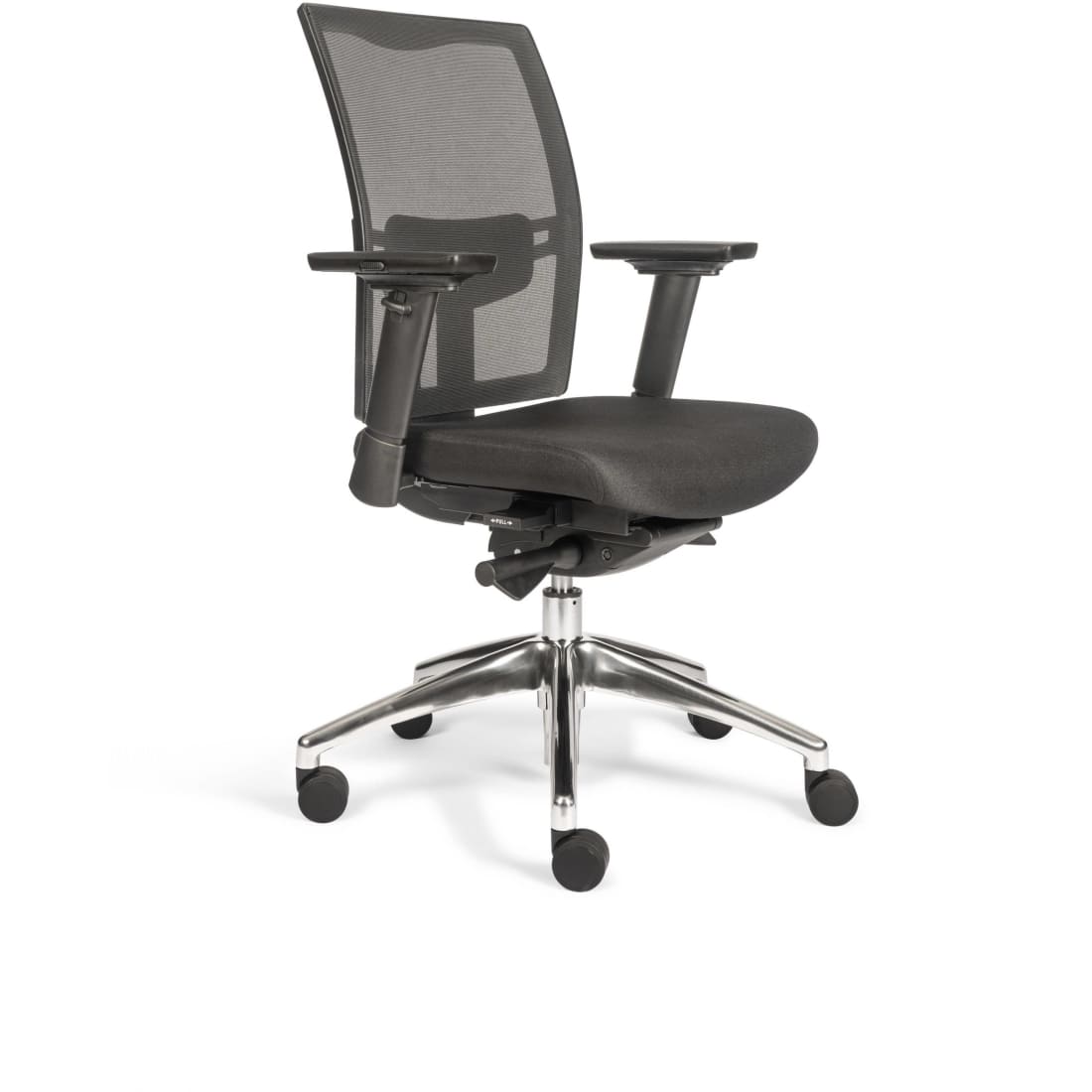 Black ergonomic office swivel chair.