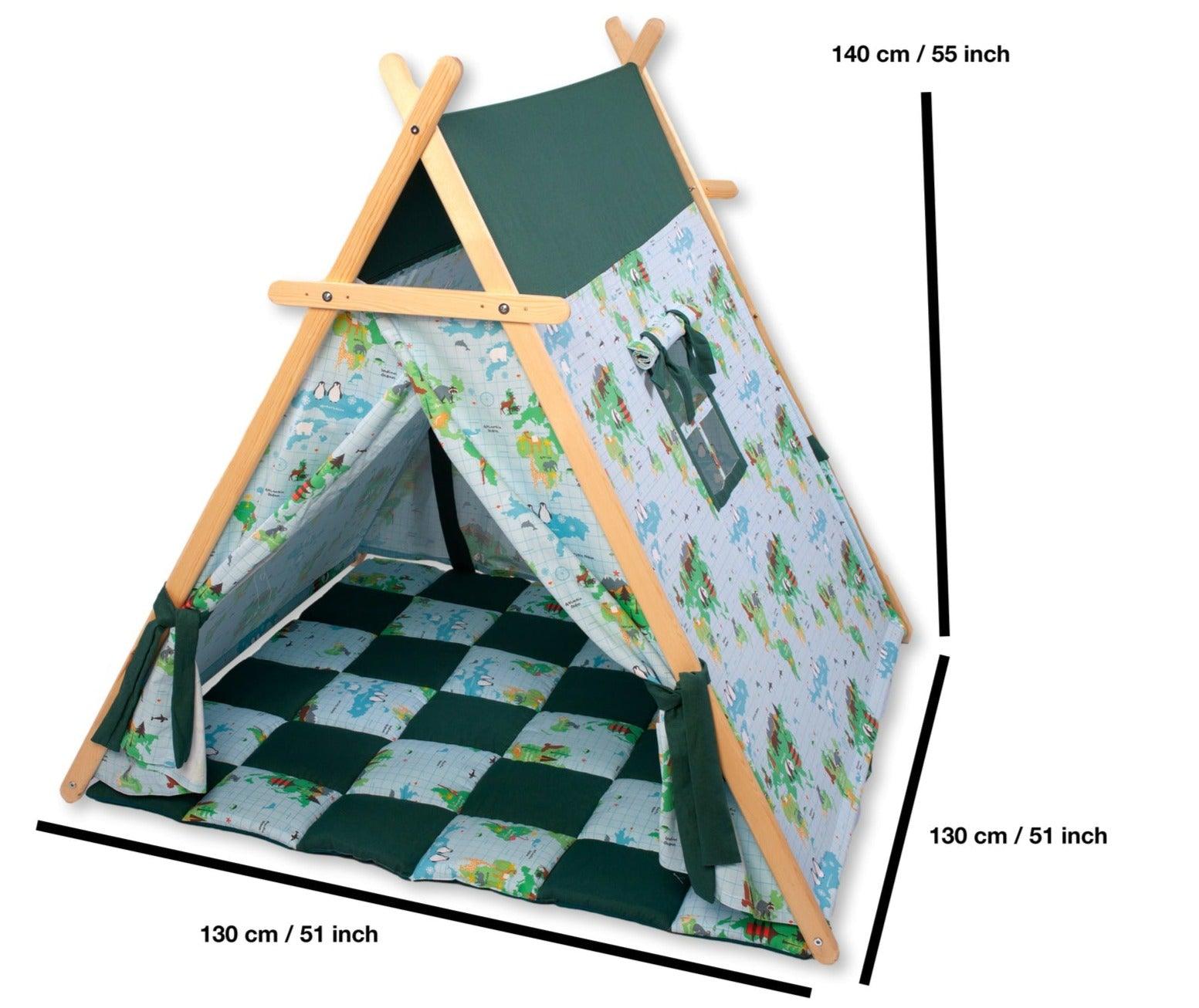 Colorful World Map Play Tent with wooden poles and star lights, perfect for children's imaginative play.