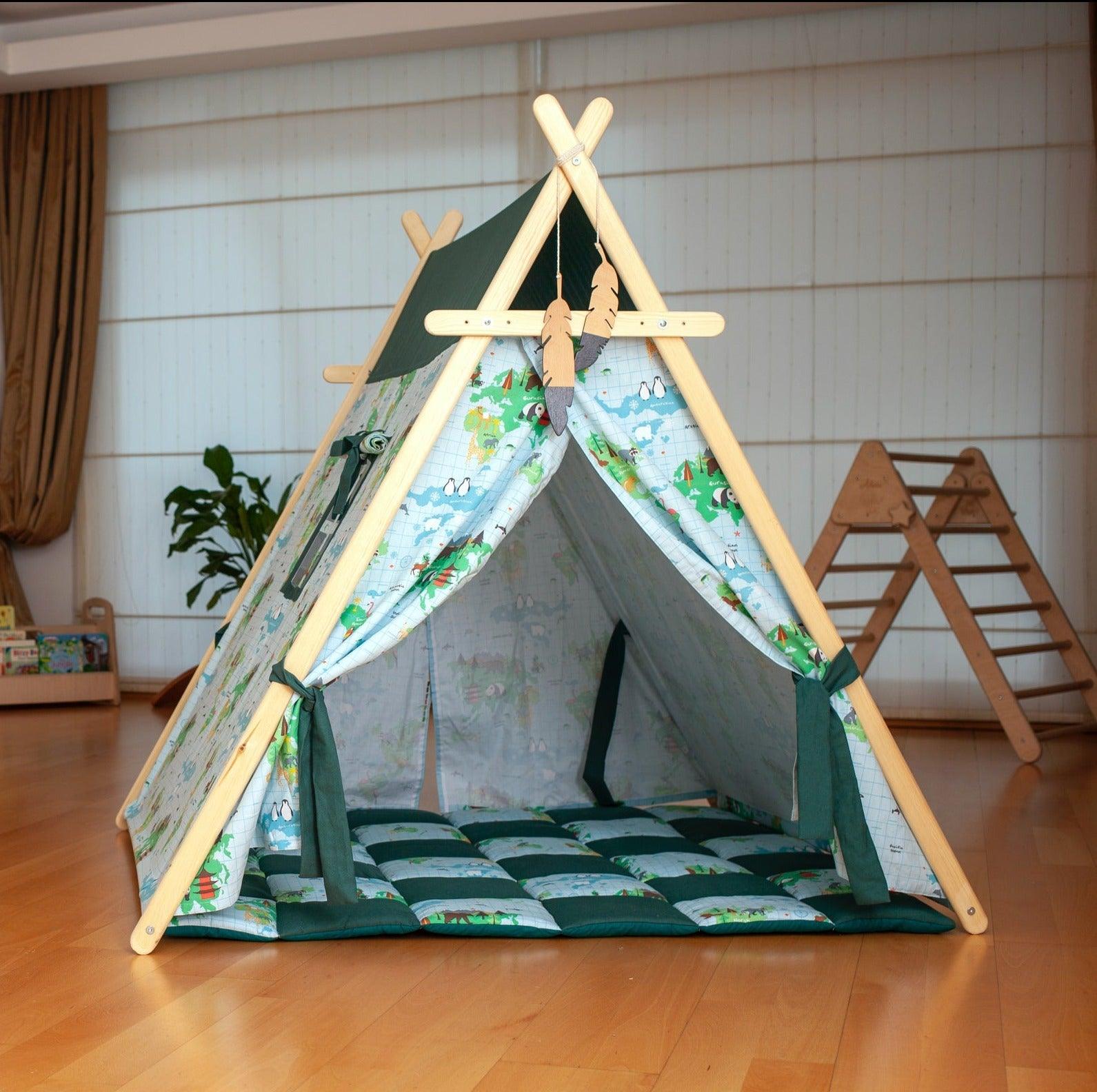 Colorful World Map Play Tent with wooden poles and star lights, perfect for children's imaginative play.