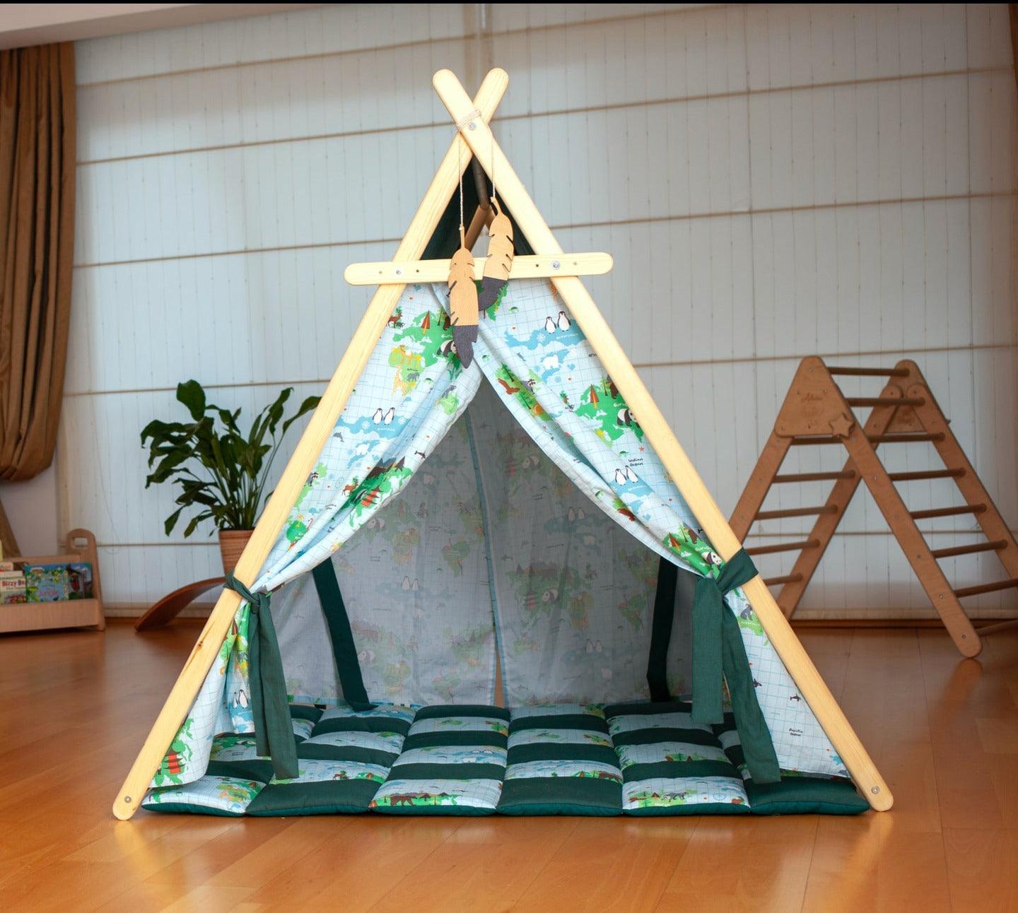 Colorful World Map Play Tent with wooden poles and star lights, perfect for children's imaginative play.