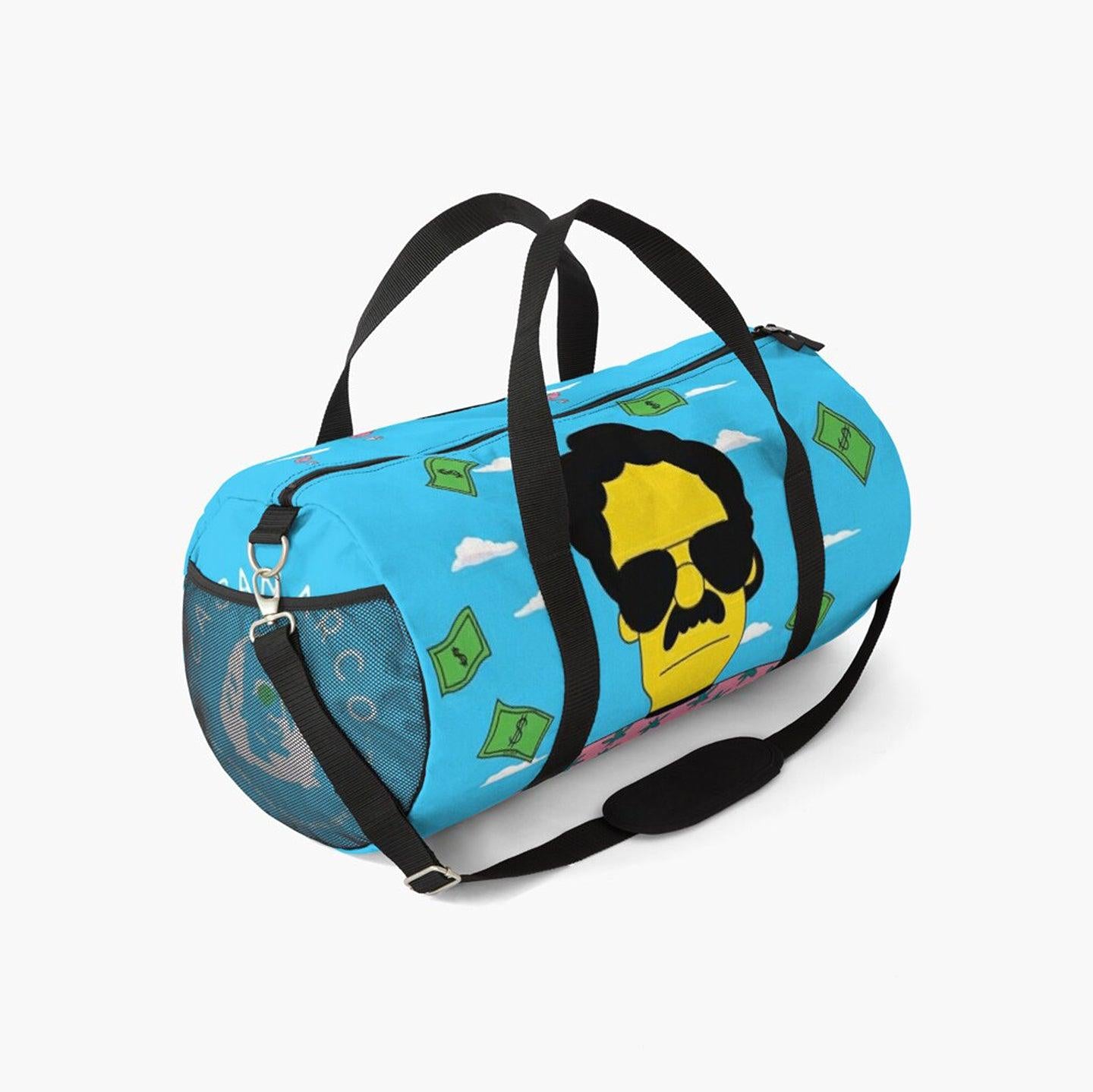 YAYO NFT Duffle Bag featuring Pablo Escobar and Tony Montana designs, made from durable polyester with vibrant colors.