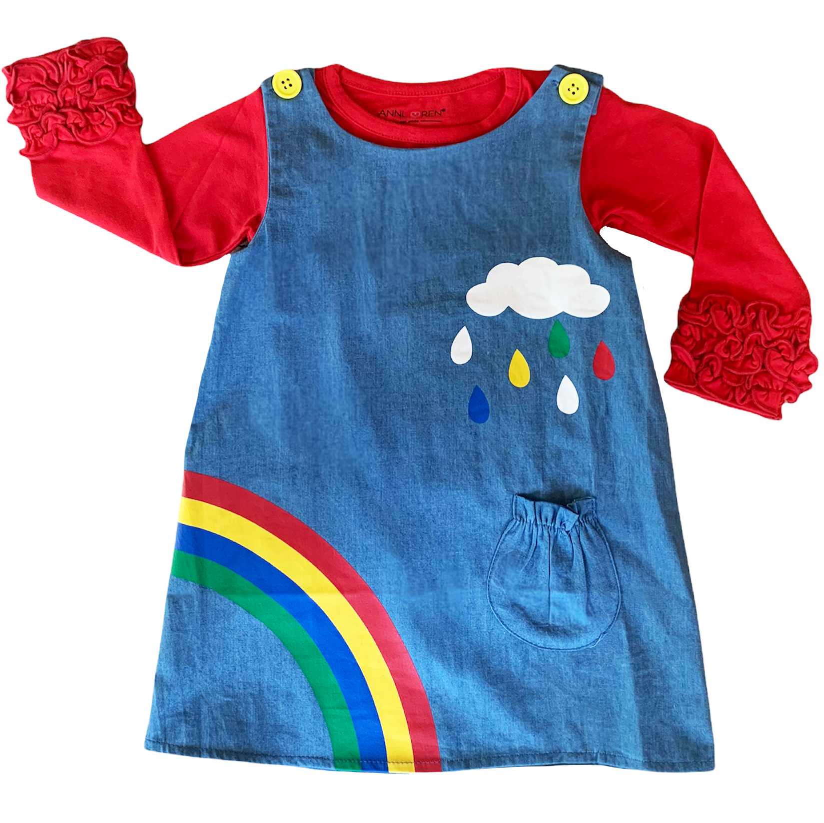 AL Limited Girls Blue Chambray Rainbow Overall Dress featuring a rainbow and cloud applique with yellow buttons on the shoulders.