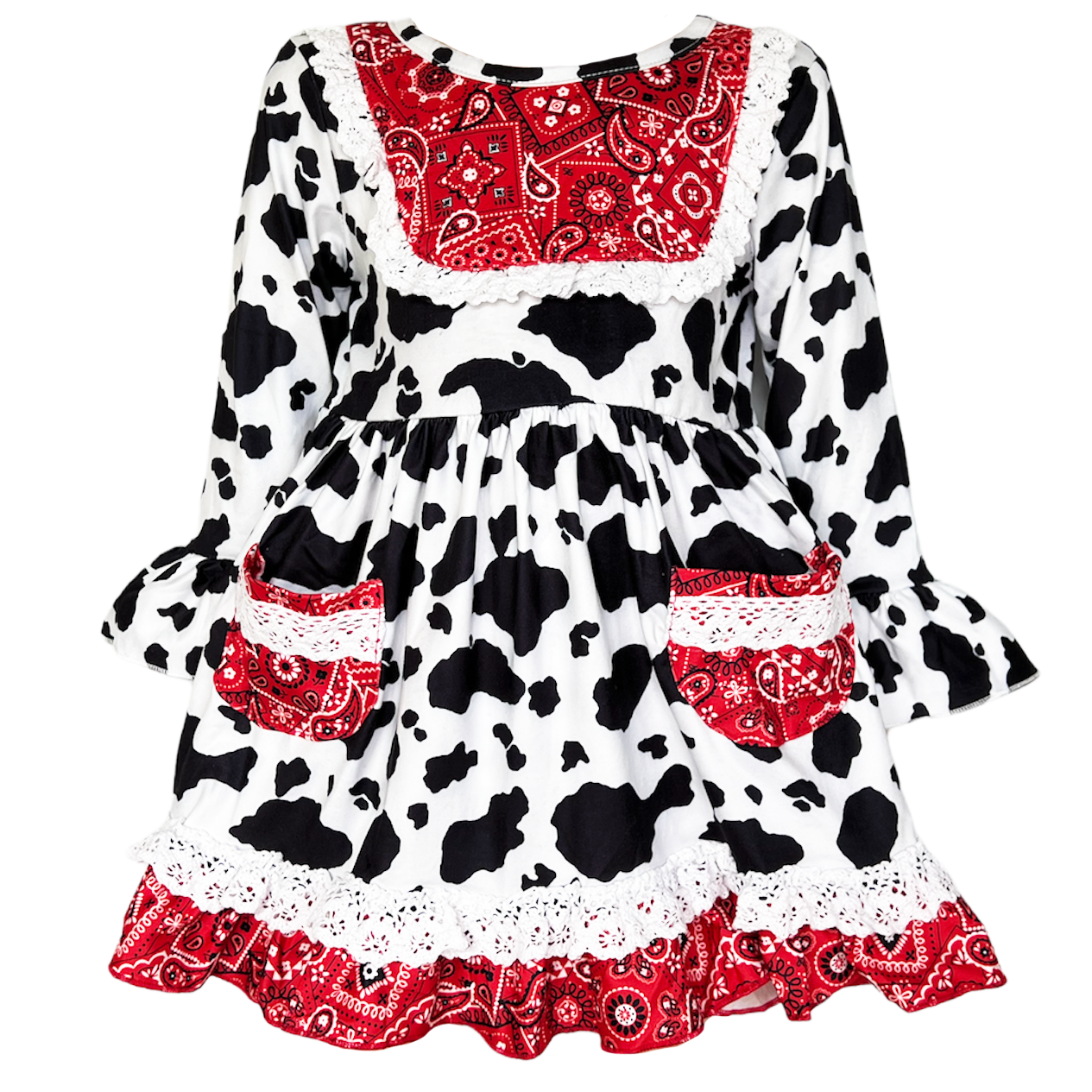 AL Limited Girls Boutique Cowgirl Dress featuring playful cow print and red bandana trimming with white eyelet ruffle accents.