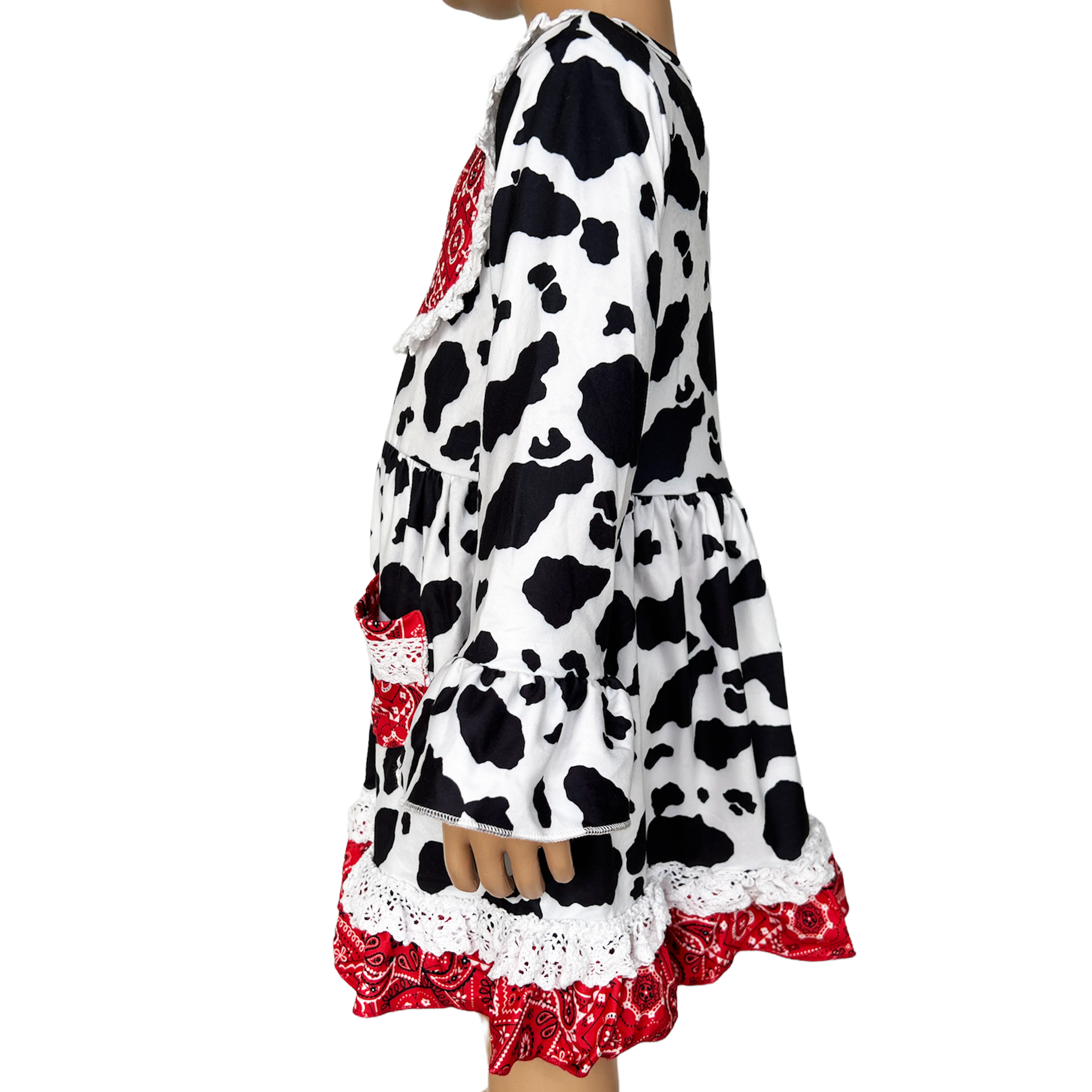 AL Limited Girls Boutique Cowgirl Dress featuring playful cow print and red bandana trimming with white eyelet ruffle accents.