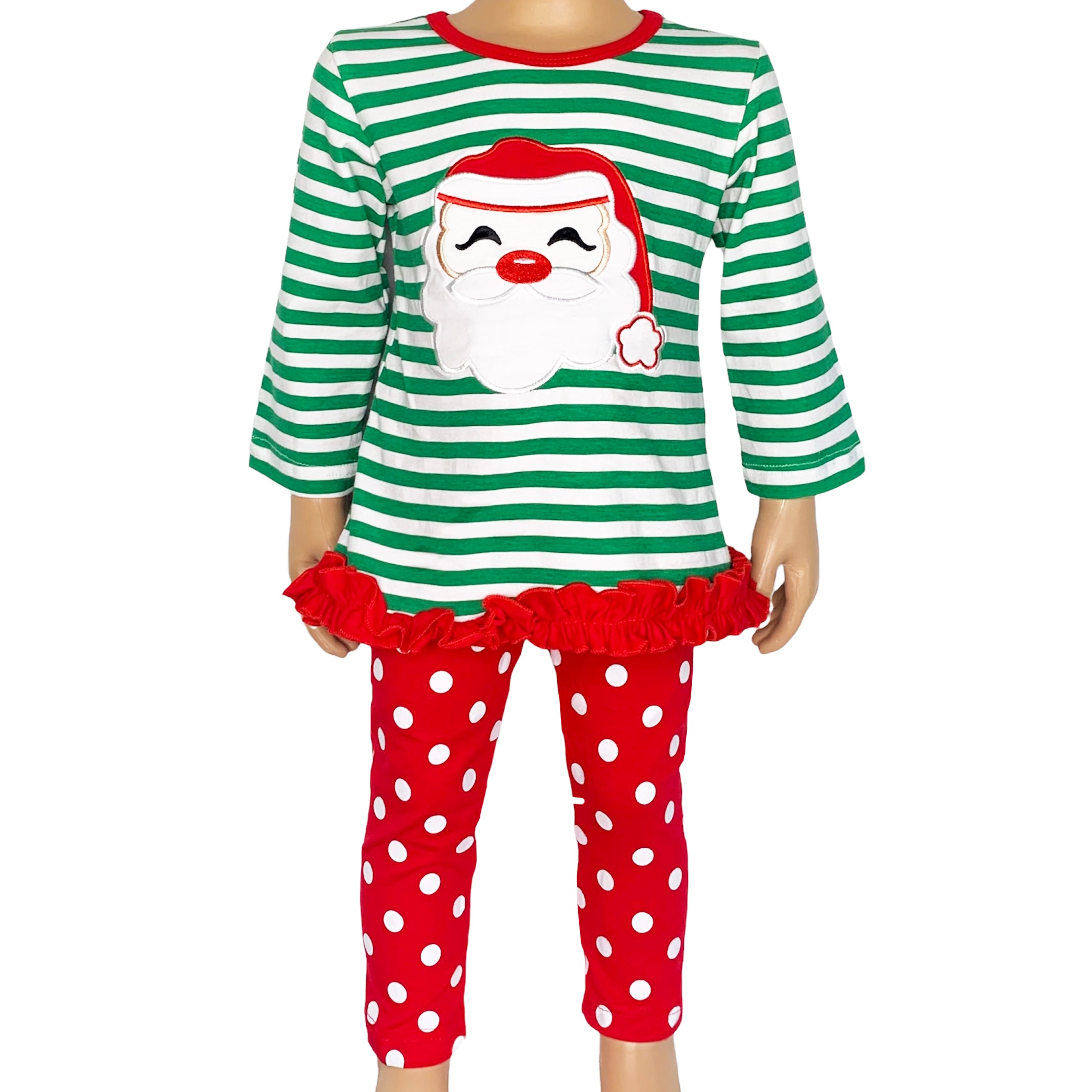 A festive girls' outfit featuring a Santa tunic top with ruffle trim and red polka dot pants, perfect for holiday celebrations.