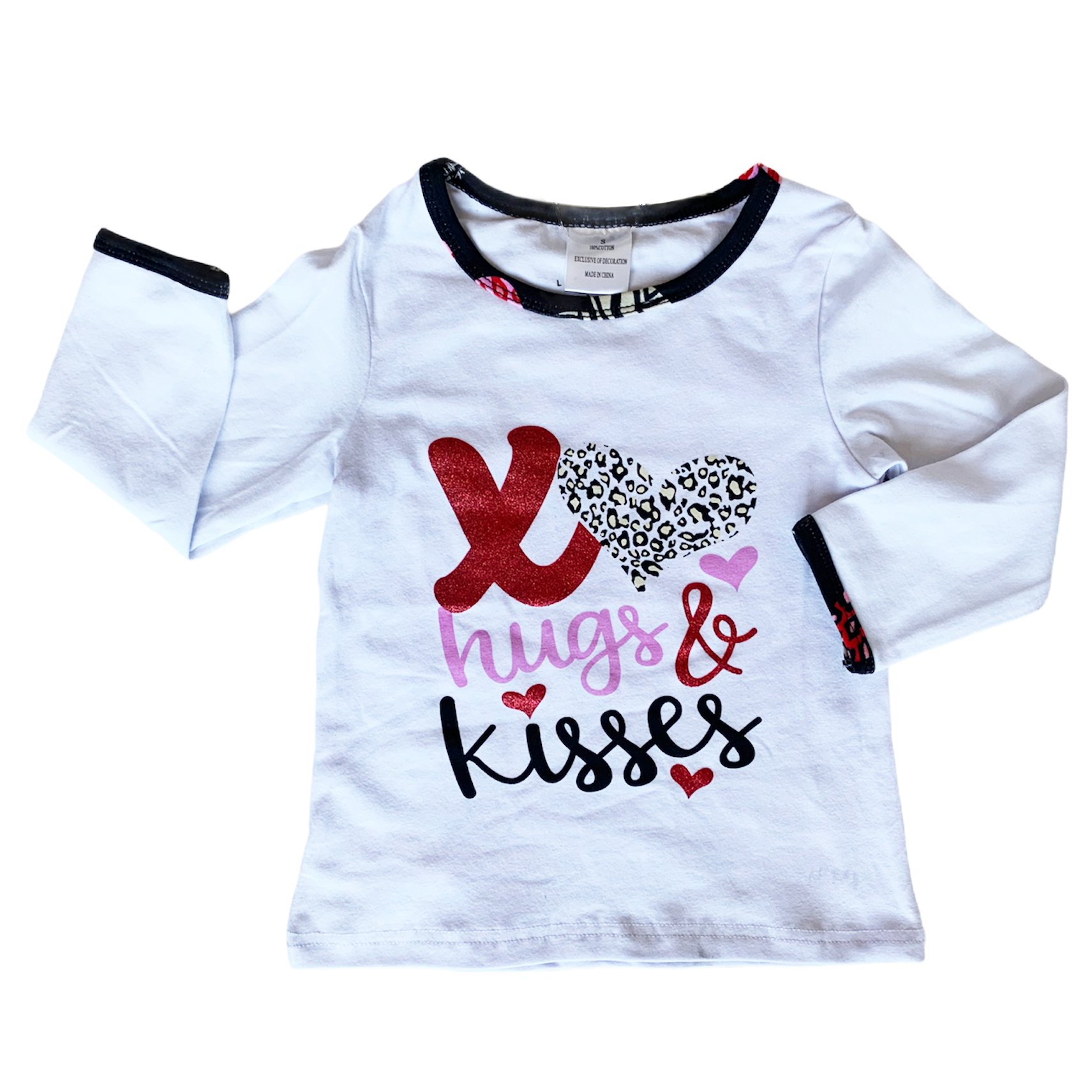 AL Limited Girls Valentine's Day Long Sleeve Shirt with Hearts Skirt Set featuring XO Hugs & Kisses design and a big red bow.