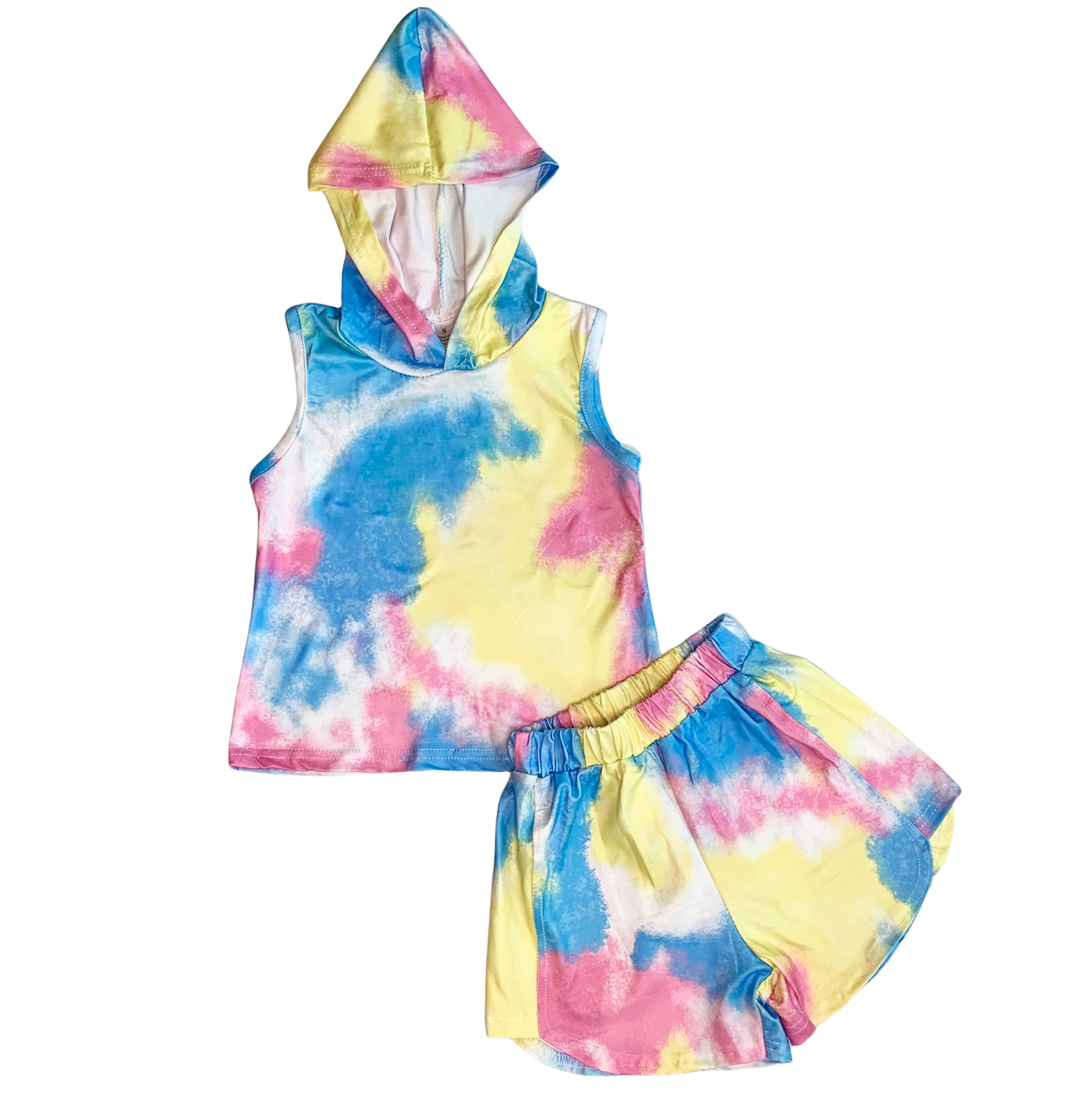 AL Limited pastel tie dye hoodie top and shorts set for girls, featuring vibrant yellow, pink, and blue colors, perfect for summer activities.