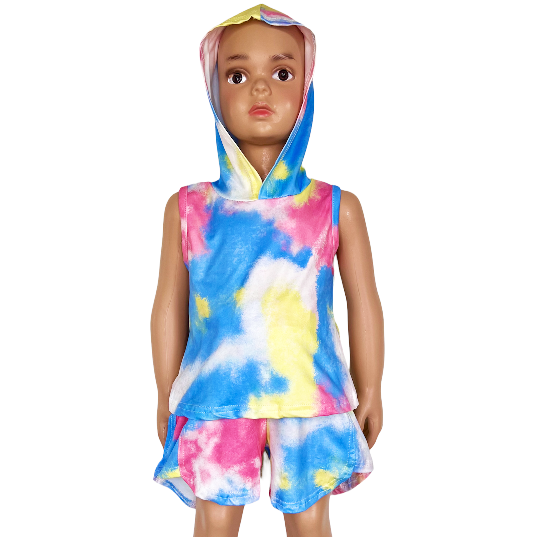 AL Limited pastel tie dye hoodie top and shorts set for girls, featuring vibrant yellow, pink, and blue colors, perfect for summer activities.