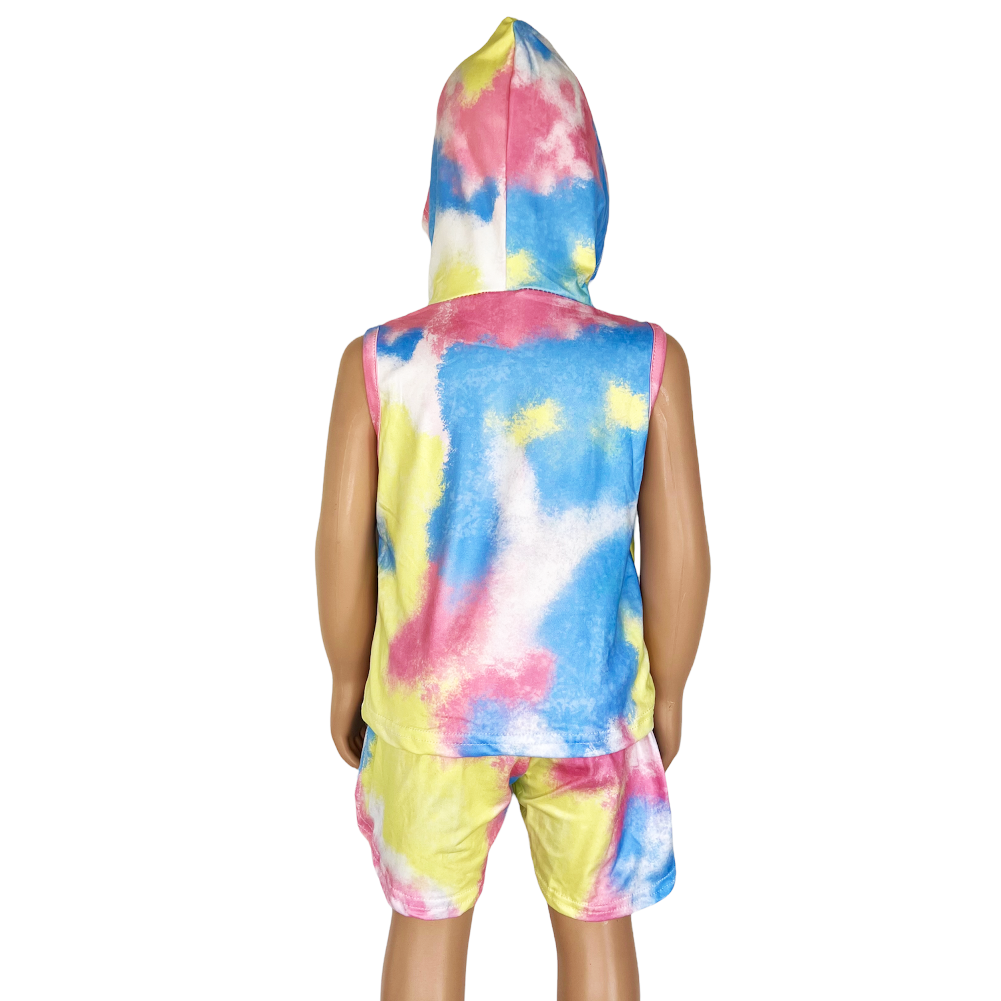 AL Limited pastel tie dye hoodie top and shorts set for girls, featuring vibrant yellow, pink, and blue colors, perfect for summer activities.