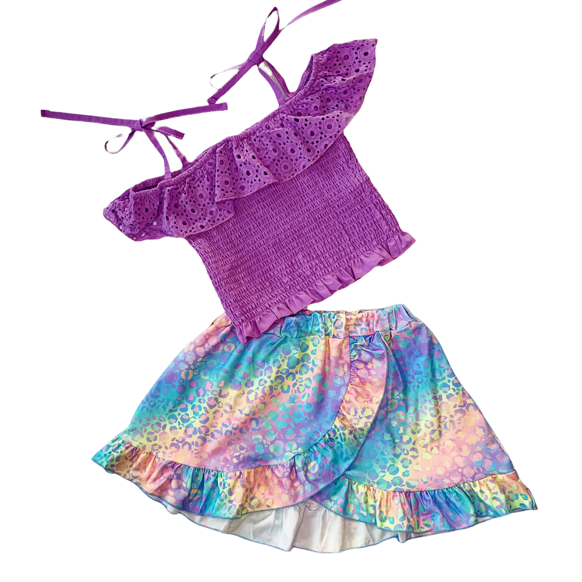 AL Limited Little & Big Girls Purple Eyelet Smocked Top with Tie Dye Skirt, showcasing vibrant colors and stylish design.