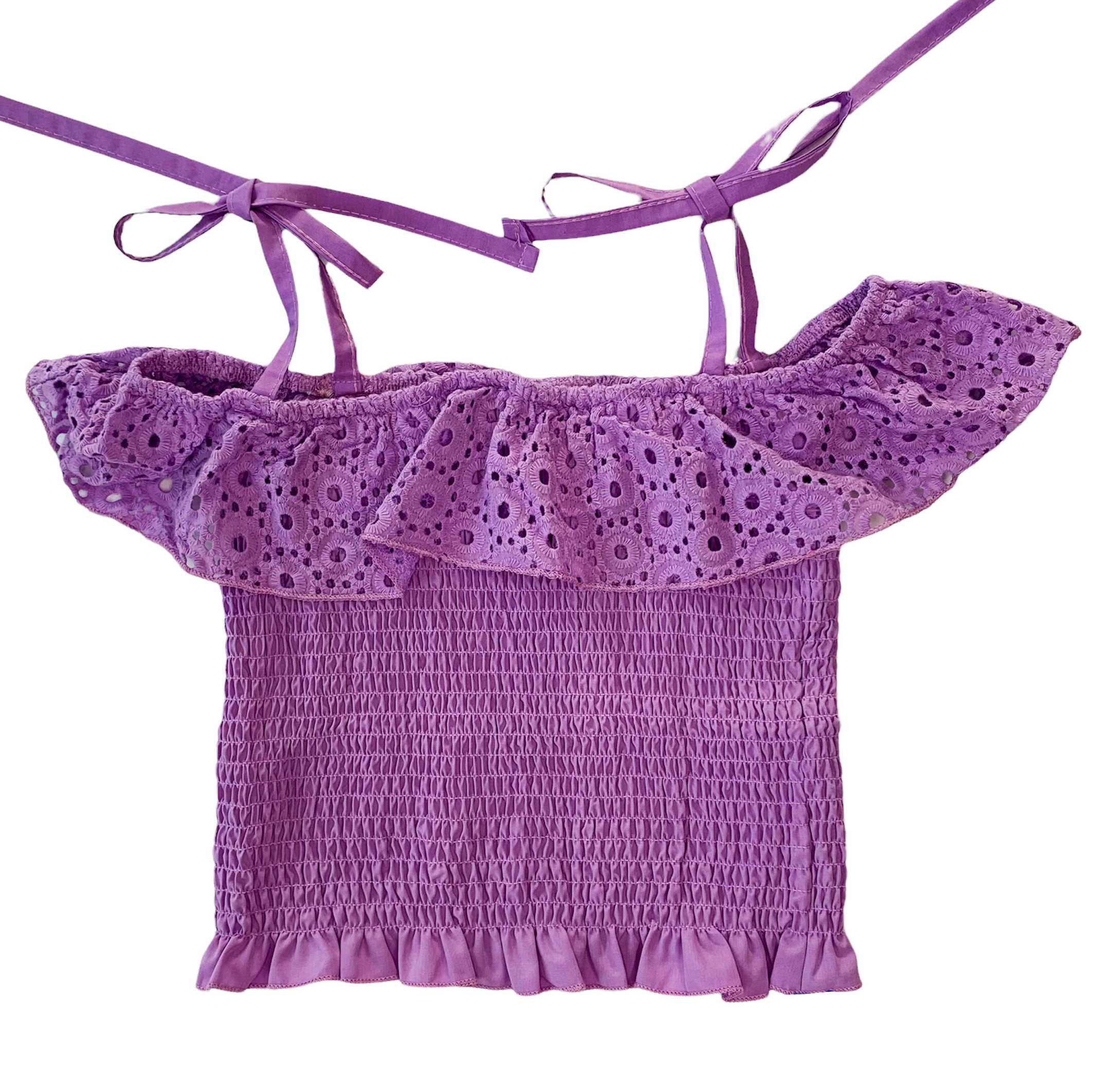 AL Limited Little & Big Girls Purple Eyelet Smocked Top with Tie Dye Skirt, showcasing vibrant colors and stylish design.