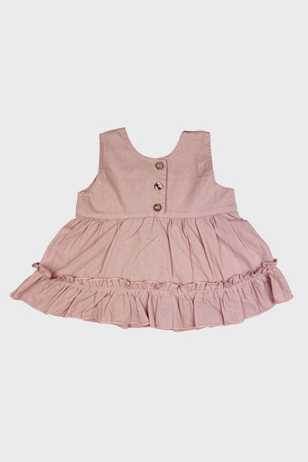 Amelia 2 pc set in rose featuring a tank top with wooden buttons and matching bloomer shorts with an elastic waistband.