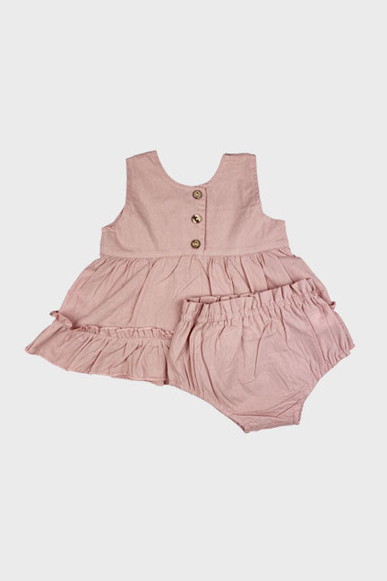 Amelia 2 pc set in rose featuring a tank top with wooden buttons and matching bloomer shorts with an elastic waistband.