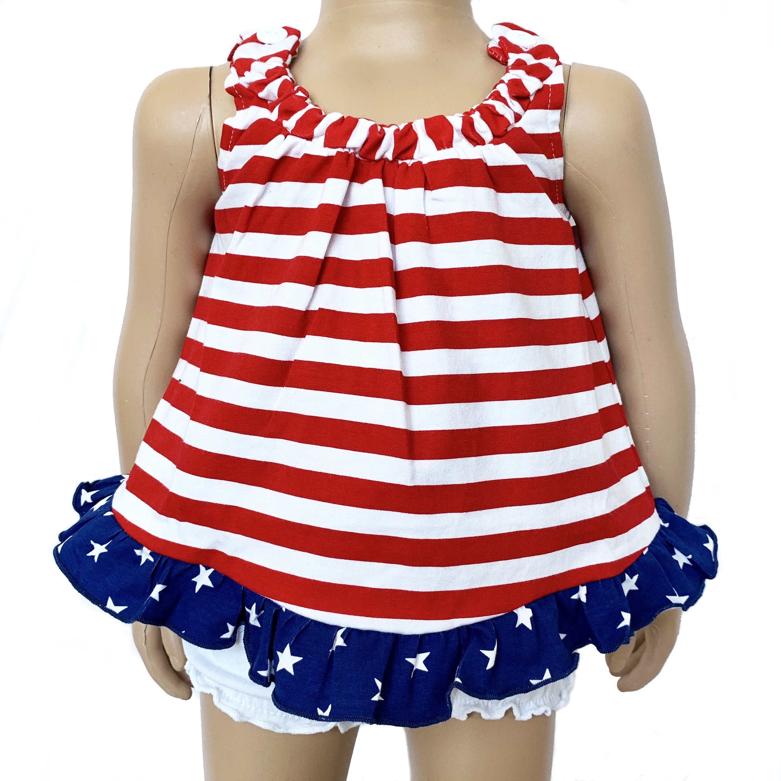 AnnLoren Baby Girls 4th of July Swing Tank Top featuring ruffle trim, perfect for summer wear.