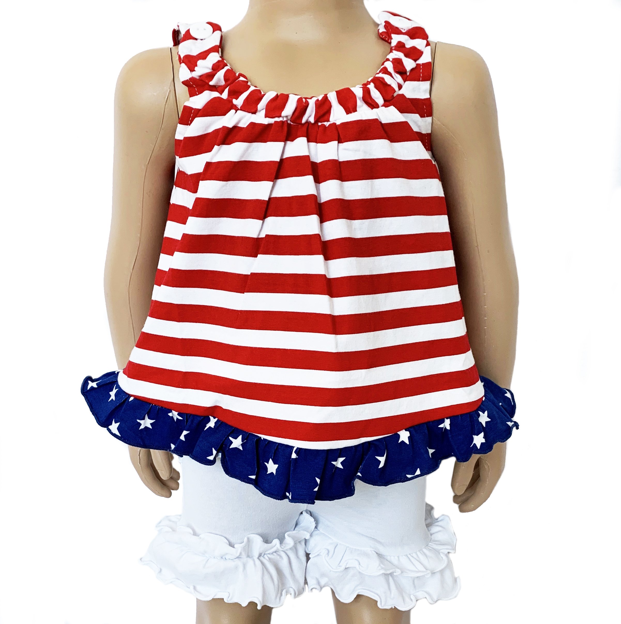 AnnLoren Baby Girls 4th of July Swing Tank Top featuring ruffle trim, perfect for summer wear.