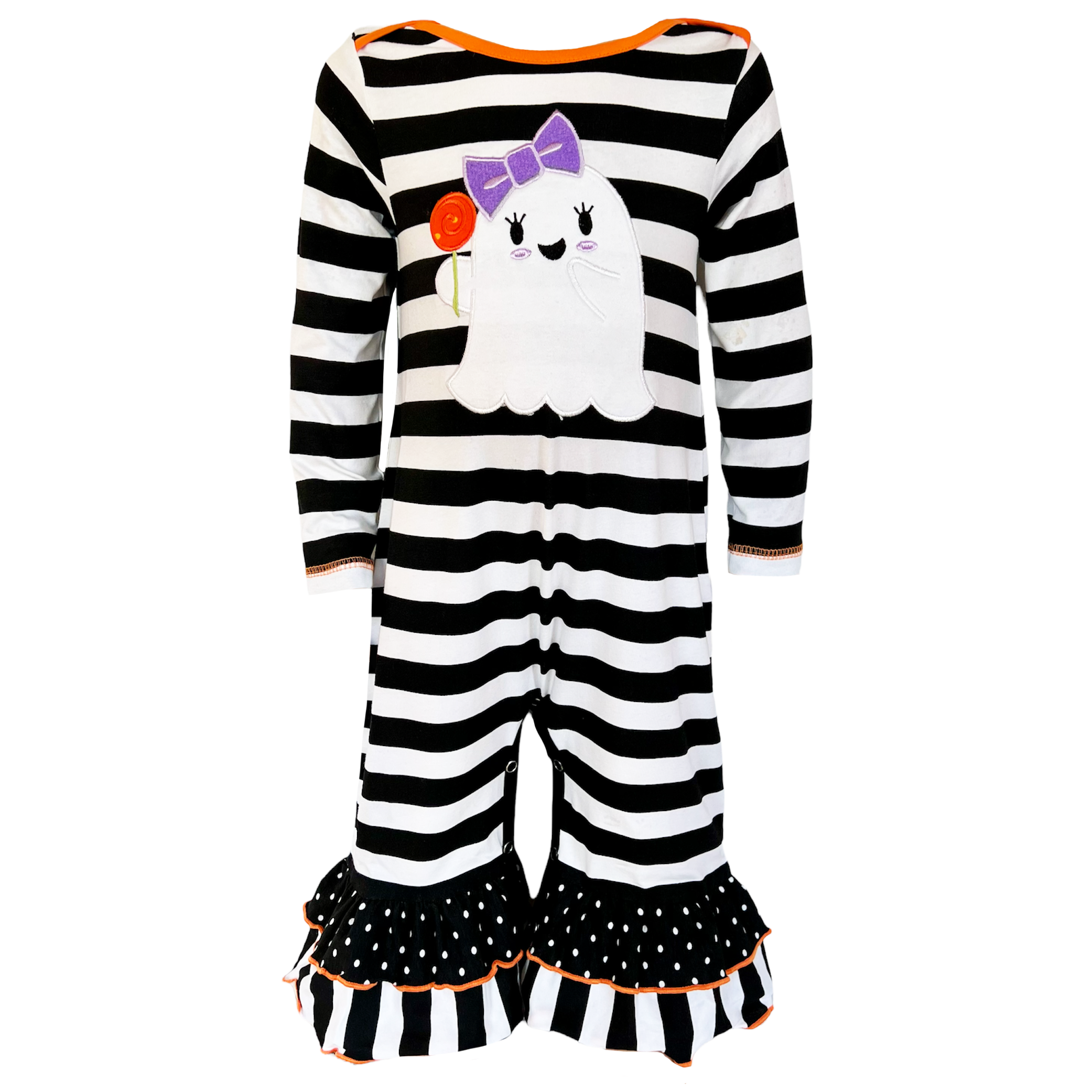 AnnLoren Baby Girls Halloween romper featuring friendly ghost applique and black and white stripes with polka dot ruffles.