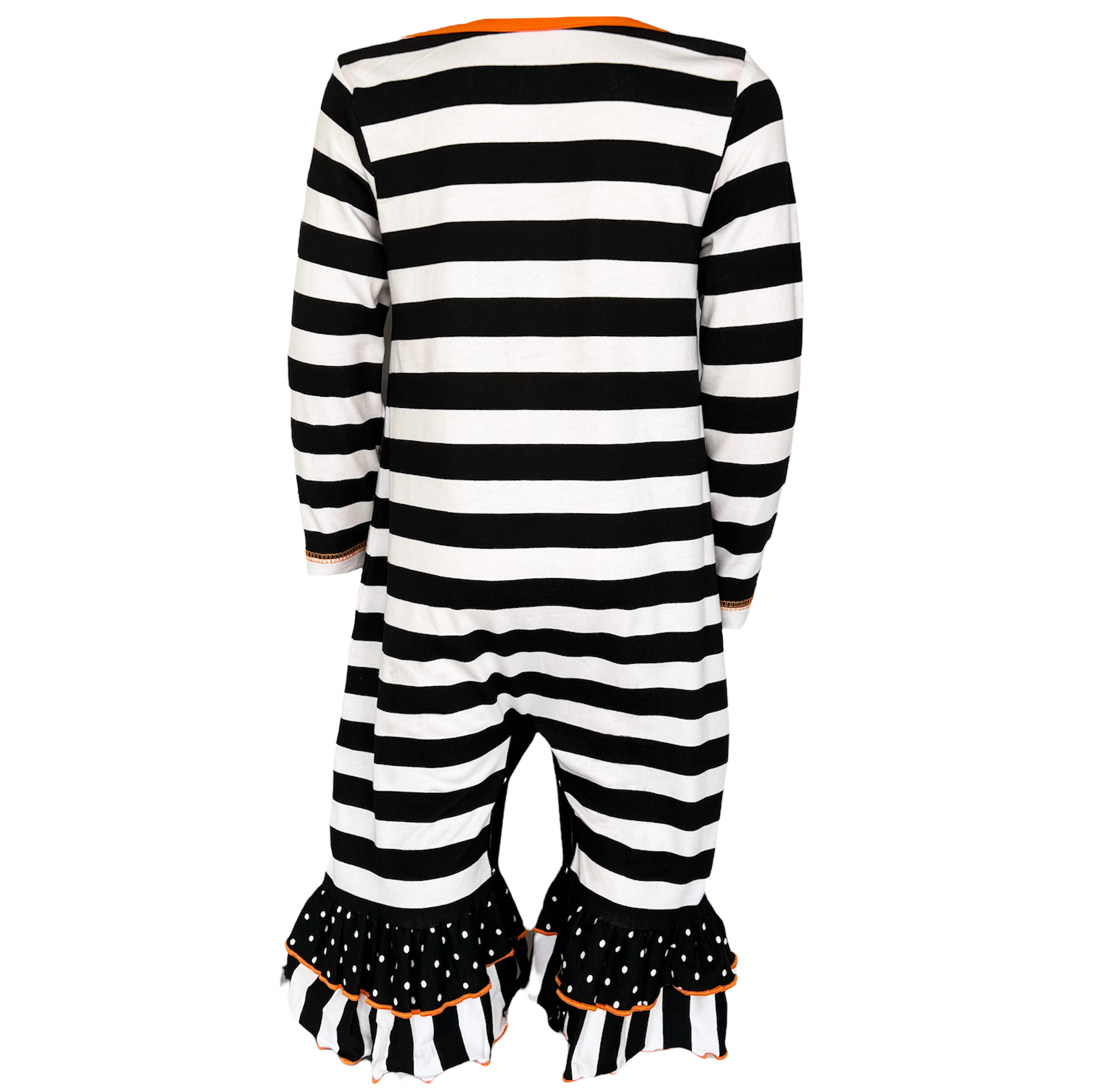 AnnLoren Baby Girls Halloween romper featuring friendly ghost applique and black and white stripes with polka dot ruffles.