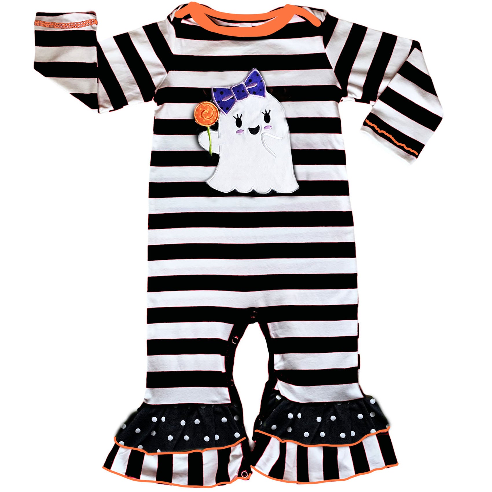 AnnLoren Baby Girls Halloween romper featuring friendly ghost applique and black and white stripes with polka dot ruffles.