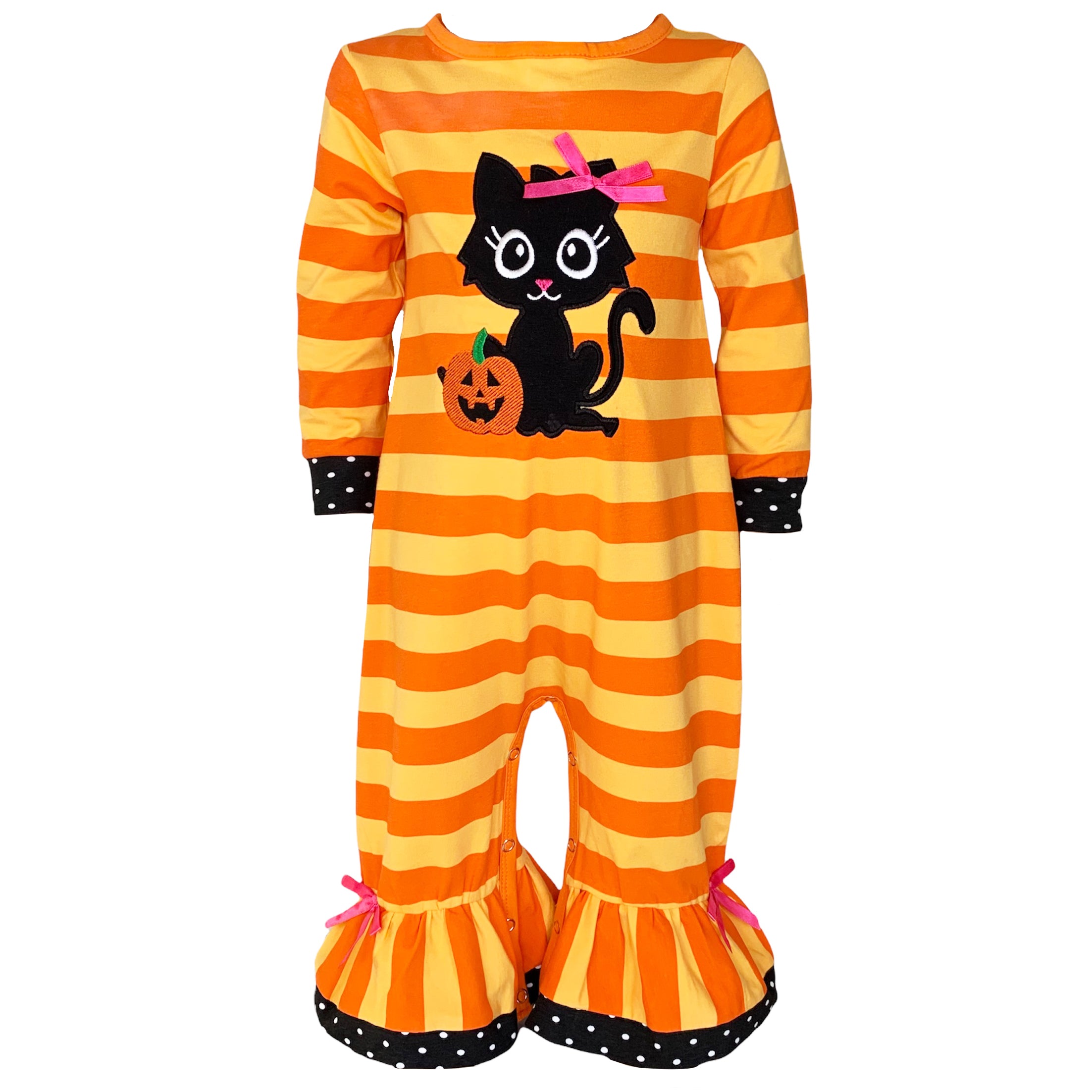 AnnLoren Baby Girls Halloween romper featuring a friendly black cat applique and orange striped design with polka dot trim.