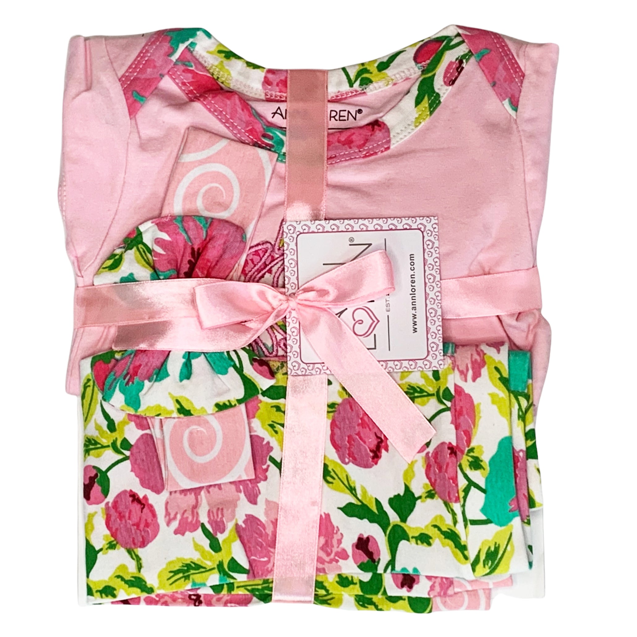 AnnLoren Baby Girls Layette set featuring a pink floral onesie, matching pants, and a headband, perfect for stylish infants.